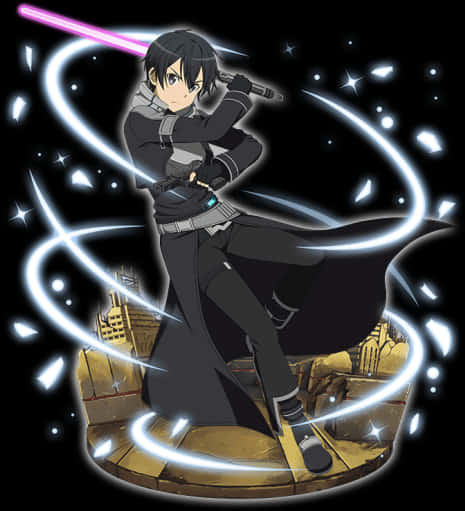 Kirito 剑靈 Online 行動姿勢 壁紙 — 動漫角色在黑暗背景下，揮舞著發光的劍，周圍環繞著旋轉的能量和閃爍的粒子。