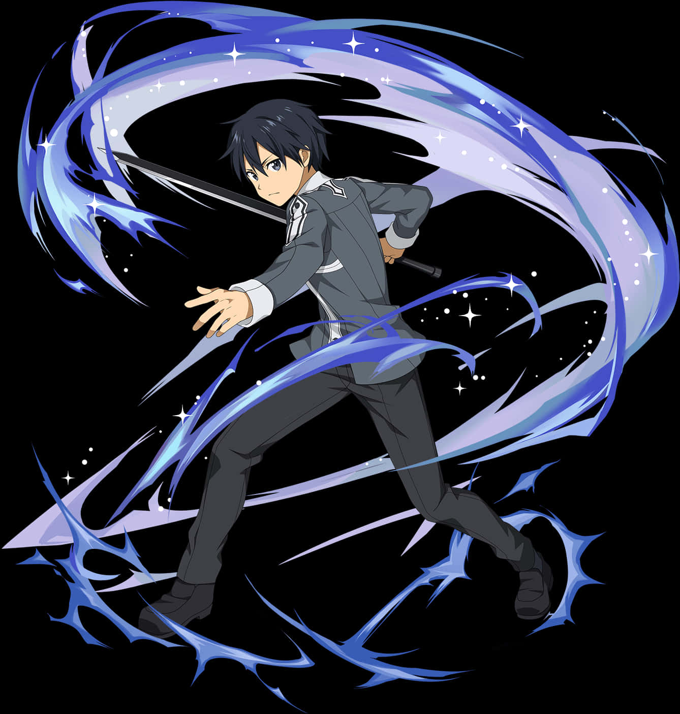 Kirito 剑靈 Online 行動姿勢 壁紙 — 動漫角色在黑色背景上揮舞發光的藍色能量劍，帶有閃爍效果。