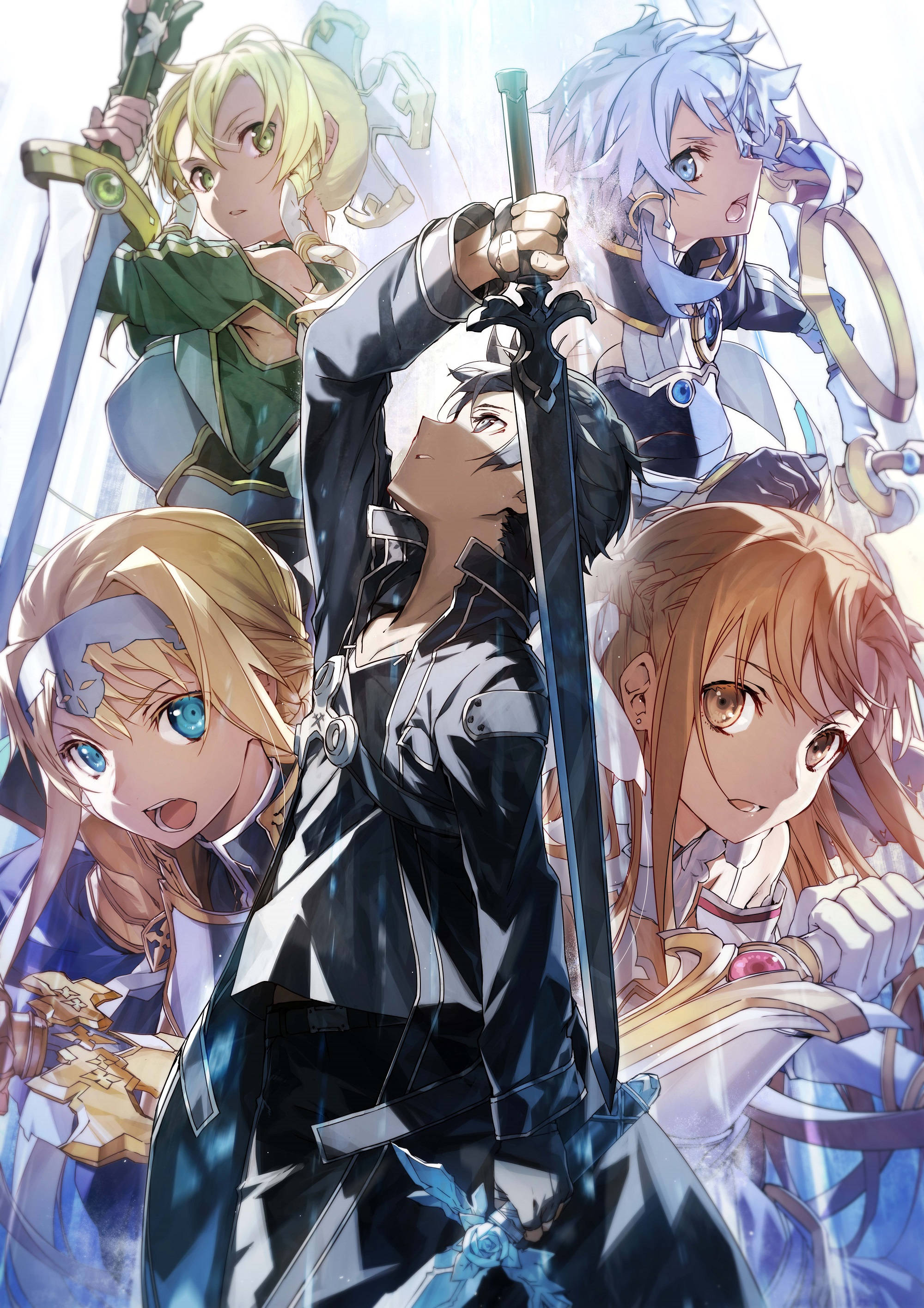 Kirito 凝望天空 壁紙 — 一個動態的動漫團體，由揮舞劍的戰士組成，穿著精細的奇幻盔甲，在明亮的發光背景下英勇地擺姿勢。