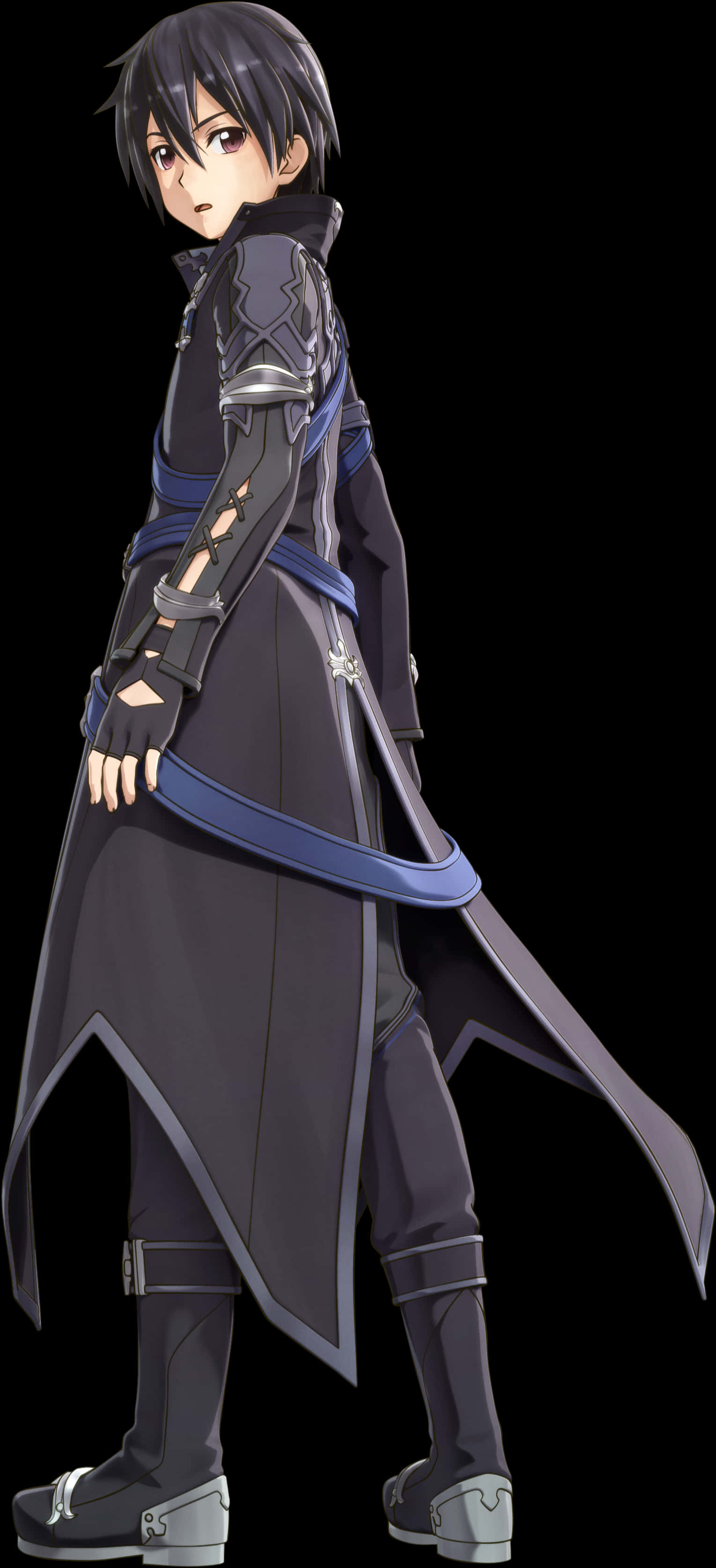 Kirito 剑靈 Online 角色 壁紙 — 動漫角色黑髮黑甲，側面站立於黑色背景前。