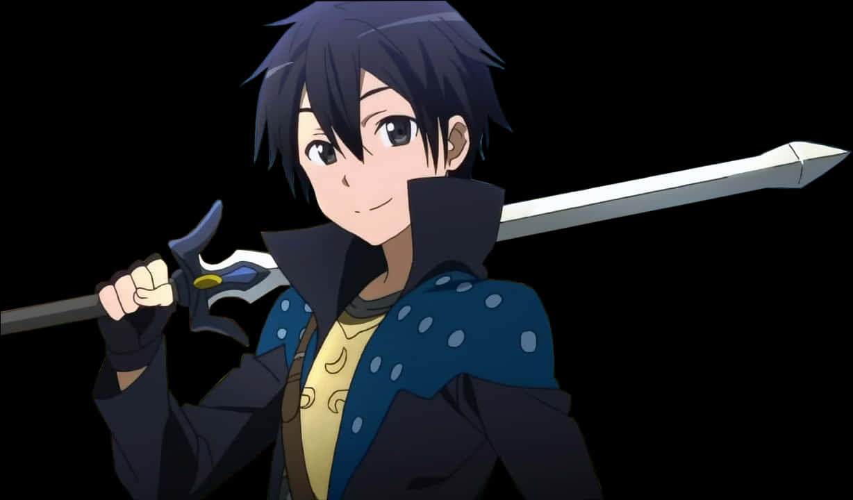 Kirito 與 黑劍 剑靈 Online 壁紙 — 動畫男孩，黑髮藍色斗篷，在黑色背景上將劍扛在肩上。