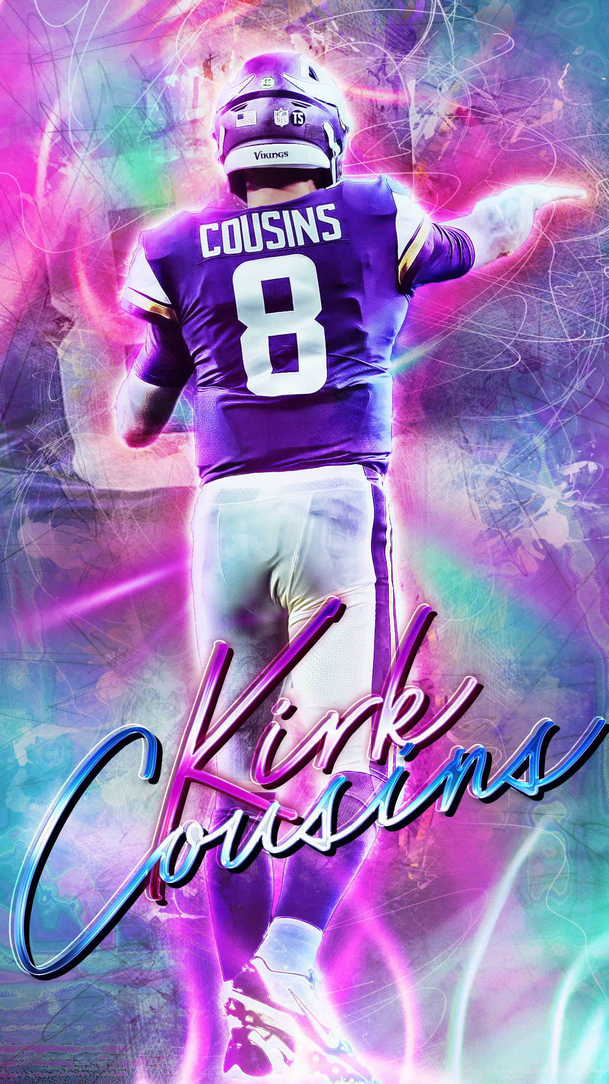 Kirk Cousins 彩虹風格圖像設計 壁紙 — 身穿紫色8號球衣的足球員Kirk Cousins在充滿活力的霓虹能量漩渦和發光光線的逆光中站立。