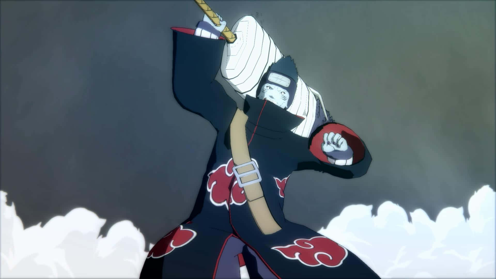 Kisame — 七人忍刀傳說 壁紙 — 一個穿著帶有紅色雲朵的黑色斗篷的動漫角色，在暴風雨般的灰色天空和白色雲朵中動態跳躍。