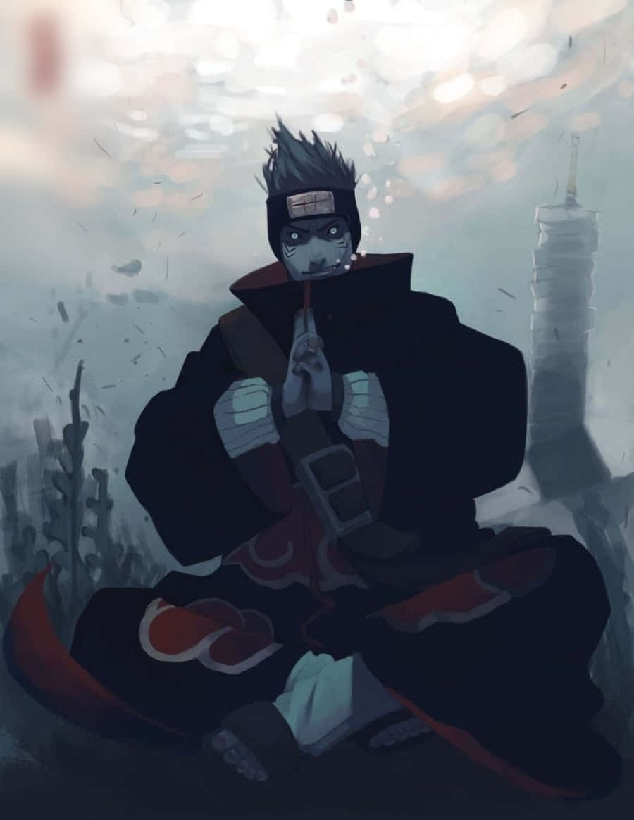 Kisame — 水下忍術手印 壁紙 — 一個戴著面具的動漫忍者，身穿帶有紅色雲紋的黑色斗篷，在陰天籠罩下，盤腿坐在霧氣瀰漫、荒涼的景色中。