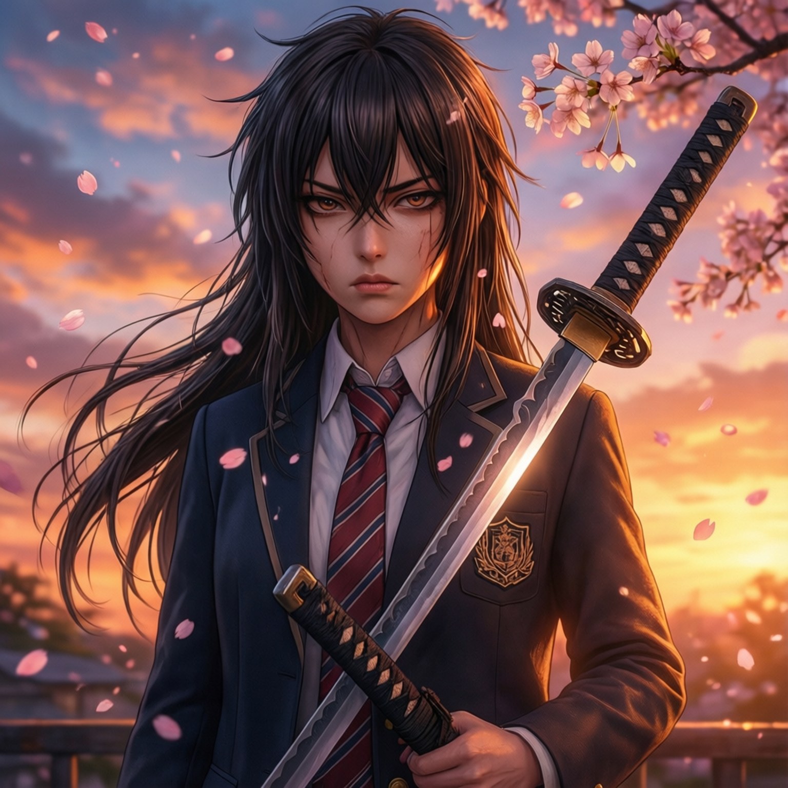 一位穿著校服的年輕動漫女孩在夕陽下飄落的櫻花中手持武士刀。