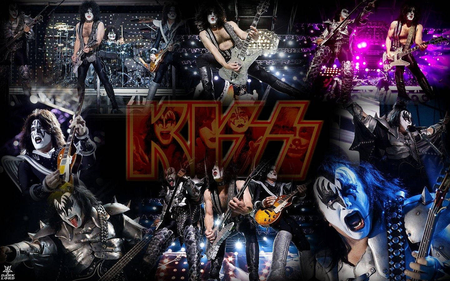 KISS 樂隊在舞台燈光下以臉部彩繪和結他進行現場表演。
