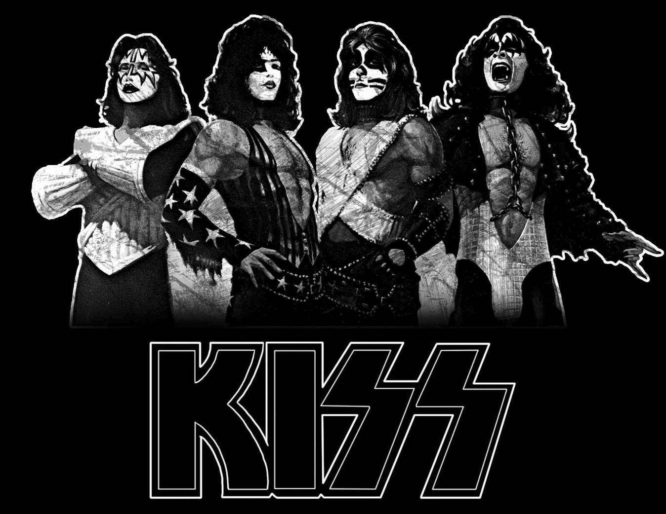 KISS樂隊成員插畫 壁紙 — 四位標誌性的KISS樂隊成員以全妝和服裝在黑色背景前戲劇性地擺姿勢，樂隊標誌在下方。