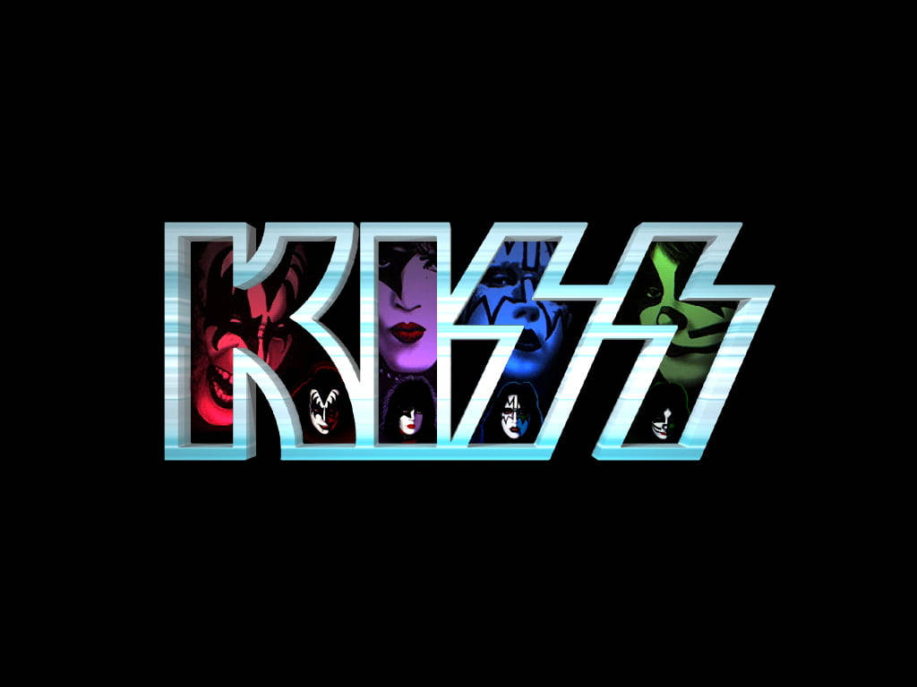 KISS樂隊標誌，成員臉孔化妝於發光字母內。