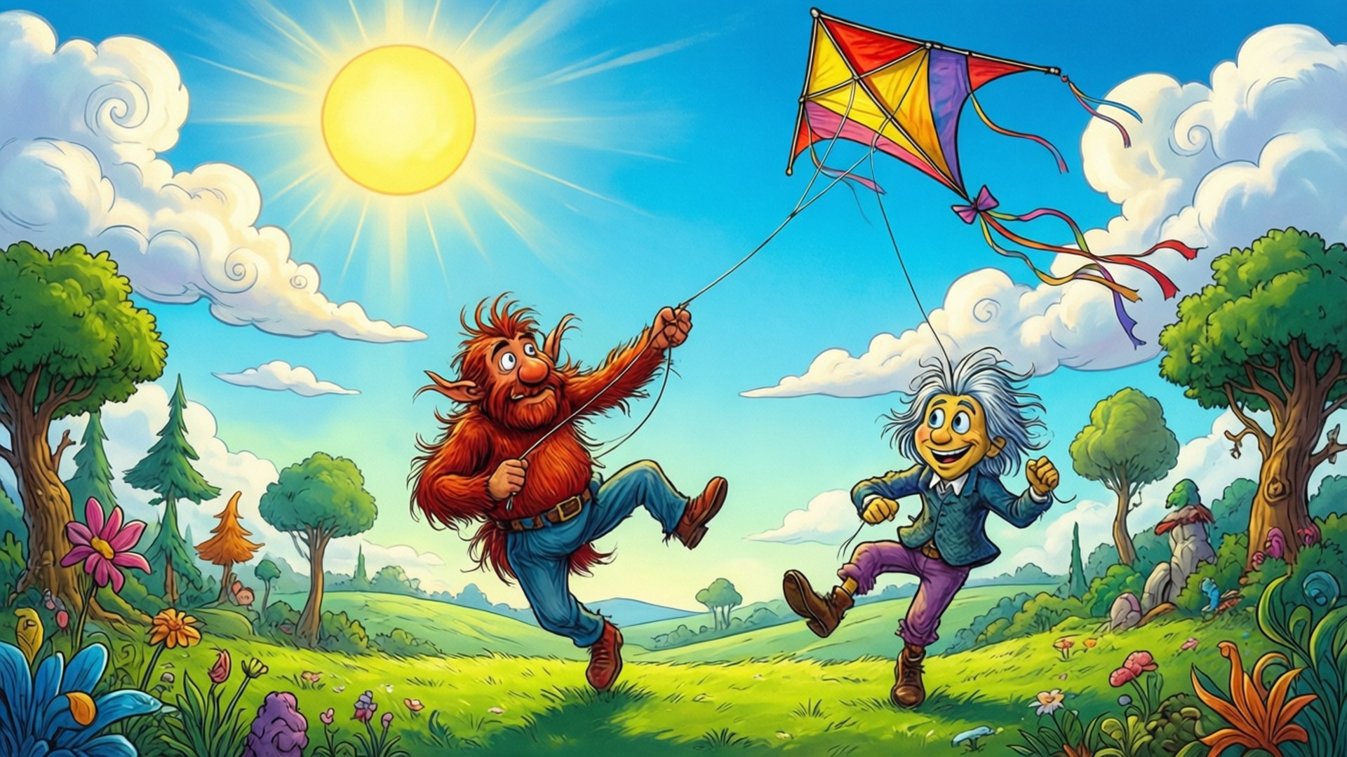 兩個卡通角色在草地上奔跑，在晴天放風箏。