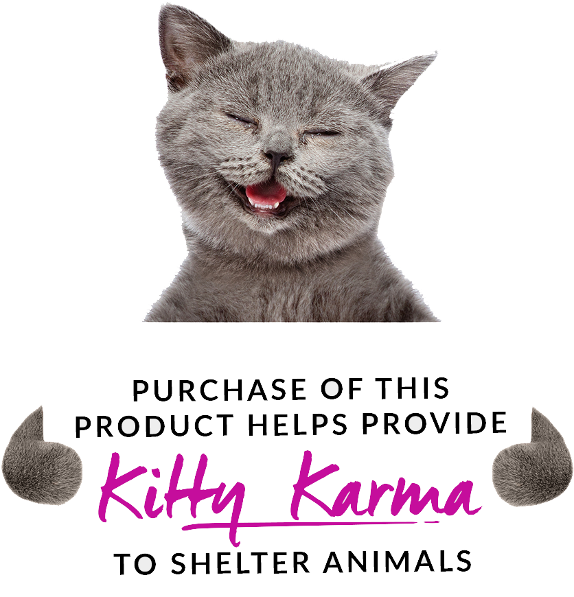 微笑貓咪Kitty Karma廣告 壁紙 — 一隻灰貓閉著眼睛、張開嘴巴，高興地拿著一個宣傳「Kitty Karma」以幫助收容所動物的牌子。