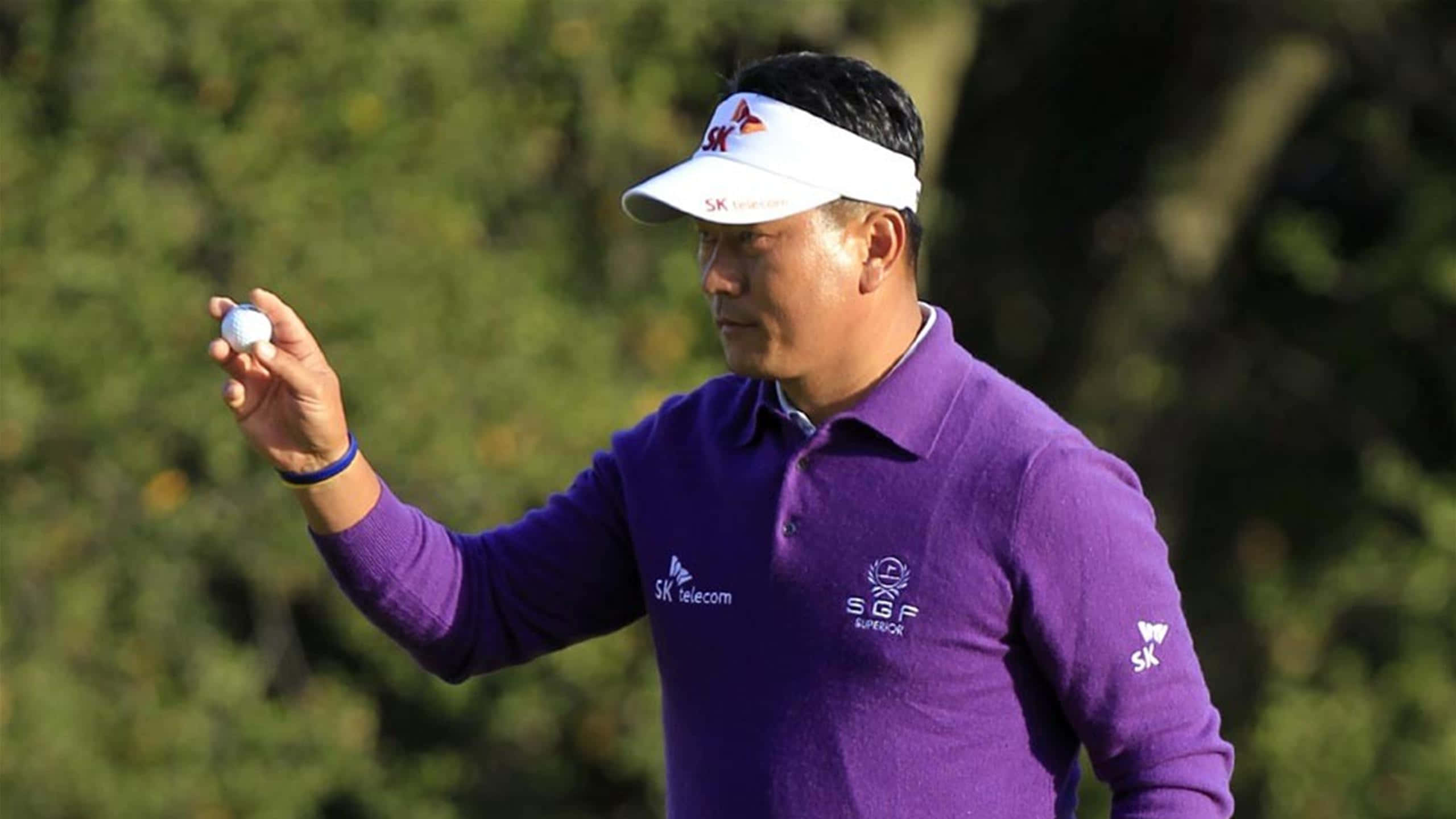 KJ Choi 手持高爾夫球 壁紙 — 一位專注的高爾夫球手穿著紫色Polo衫，站在陽光明媚的球場上，身後有模糊的綠色樹木，手中握著一顆高爾夫球。