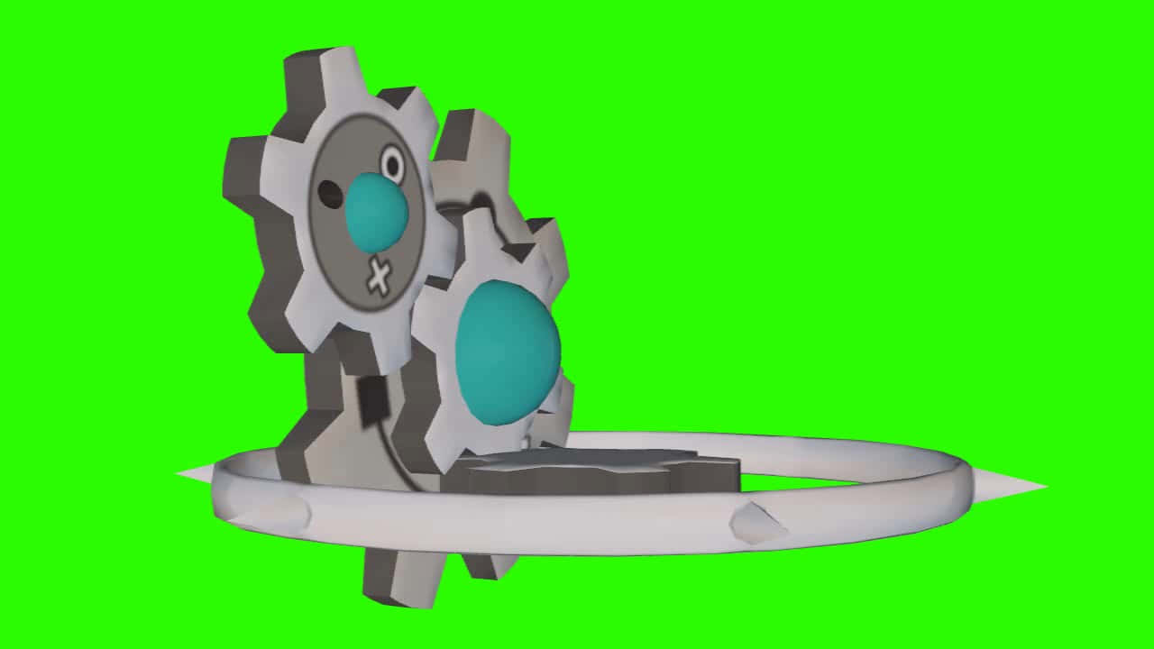 Klinklang 3D 開發過程 壁紙 — 一個以3D渲染的齒輪形狀寶可夢，擁有藍綠色眼睛和臉上的十字標記，站在圓形平台上，背景是亮綠色屏幕。