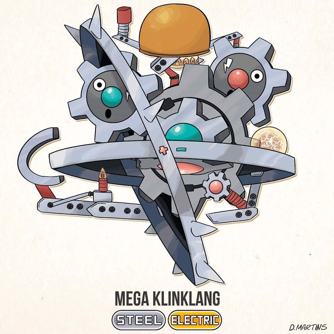 Klinklang 寶可夢設計特寫 壁紙 — 一個由齒輪和鋼鐵製成的卡通風格超級進化寶可夢，帶有發光的眼睛和電氣點綴。