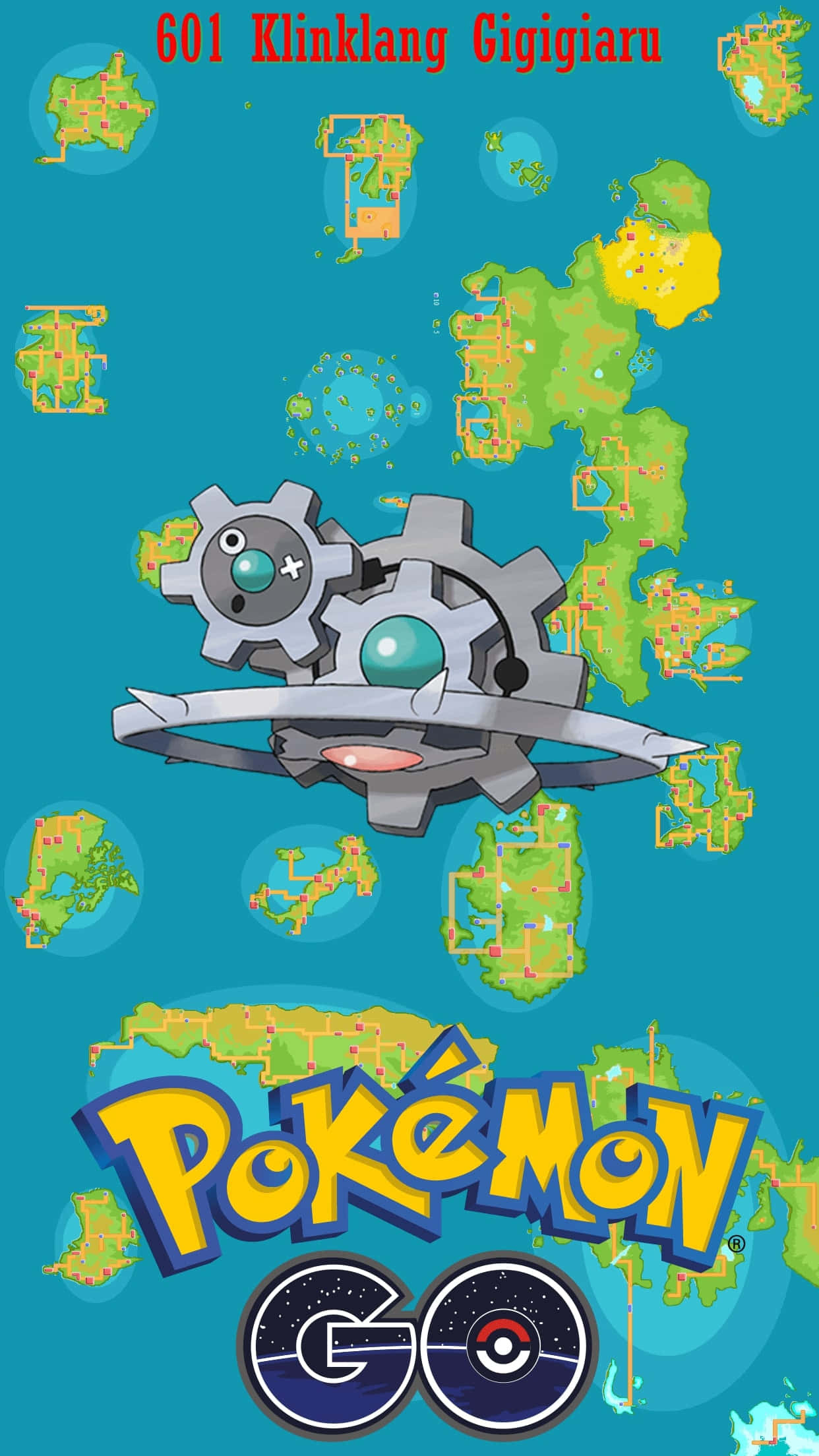 Klinklang的Pokémon Go地圖 壁紙 — 一個帶有齒輪和青綠色眼睛的機械寶可夢漂浮在島嶼地圖上方，背景為青綠色。
