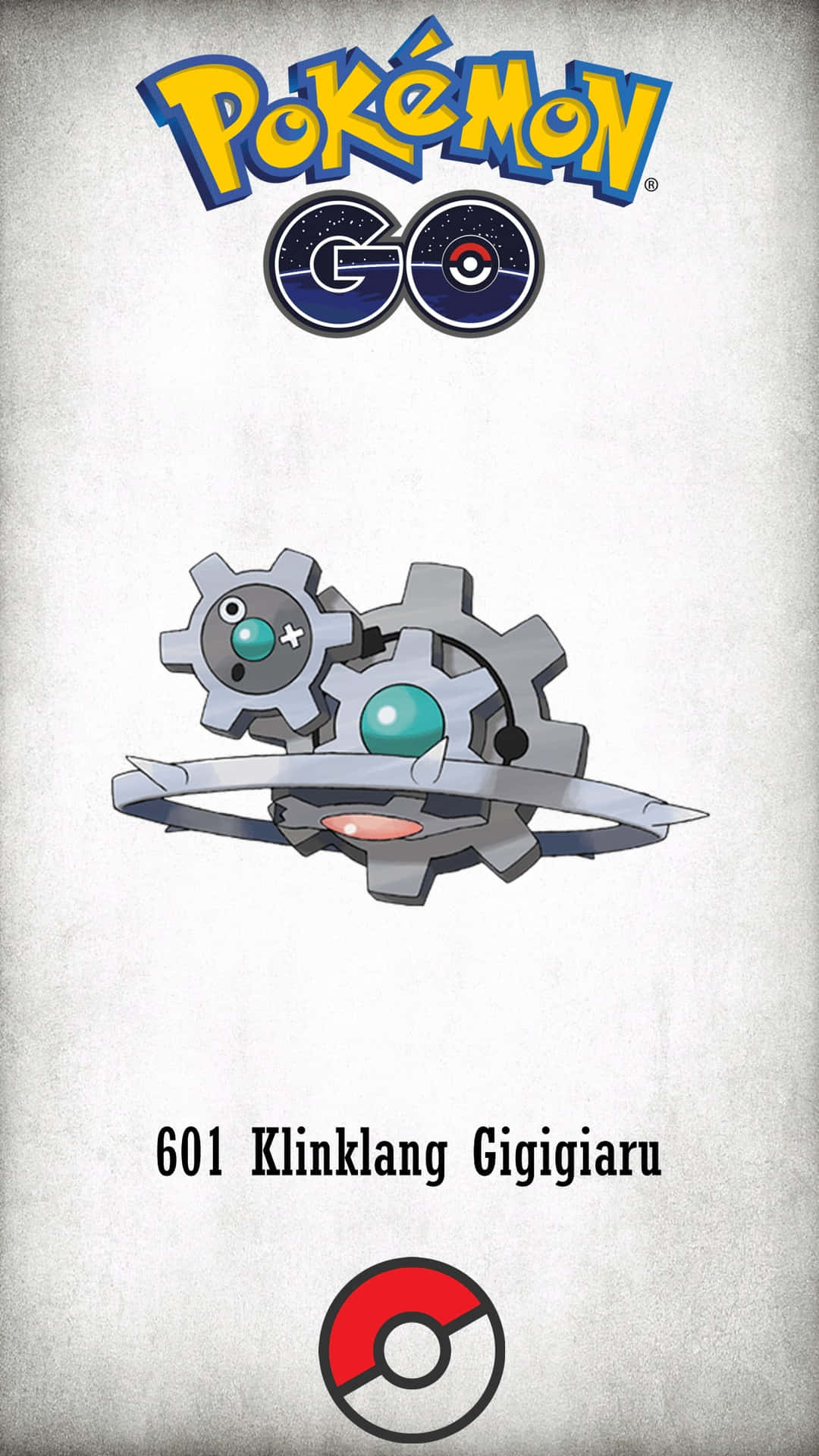 Klinklang寶可夢Go 壁紙 — 一張風格化的 Pokémon Go 宣傳圖片，以機械寶可夢齒輪兒為特色，帶有齒輪和藍綠色眼睛，背景為紋理灰色。