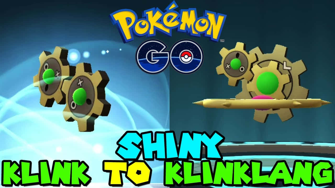 Klink變身為Klinklang 壁紙 — 來自 Pokémon GO 的閃光小磁怪與齒輪怪漂浮在發光的藍色數位背景上，並帶有粗體文字。