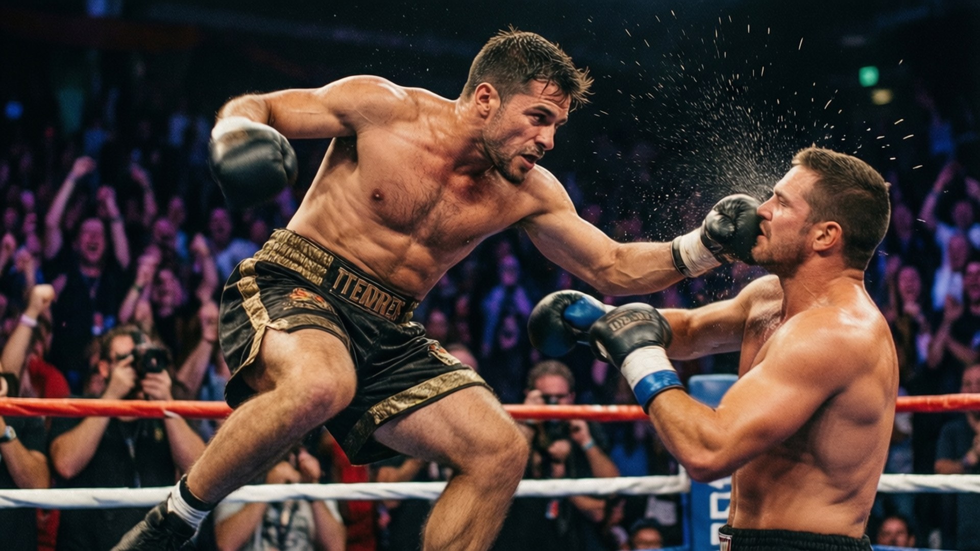 Two boxers in a ring exchanging punches with crowd cheering. 壁紙
