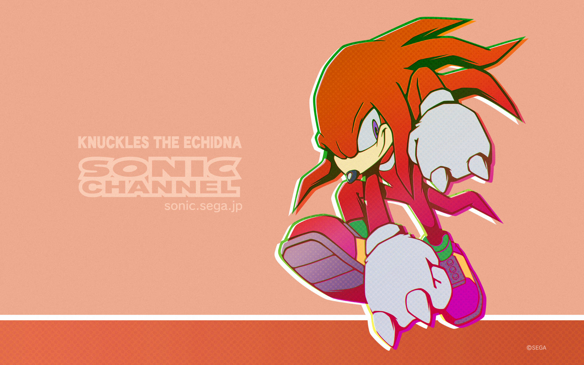 Knuckles 背景為桃色 壁紙 — 納克魯斯在動態姿勢中，帶有粗線條和鮮紅色，背景為桃色。