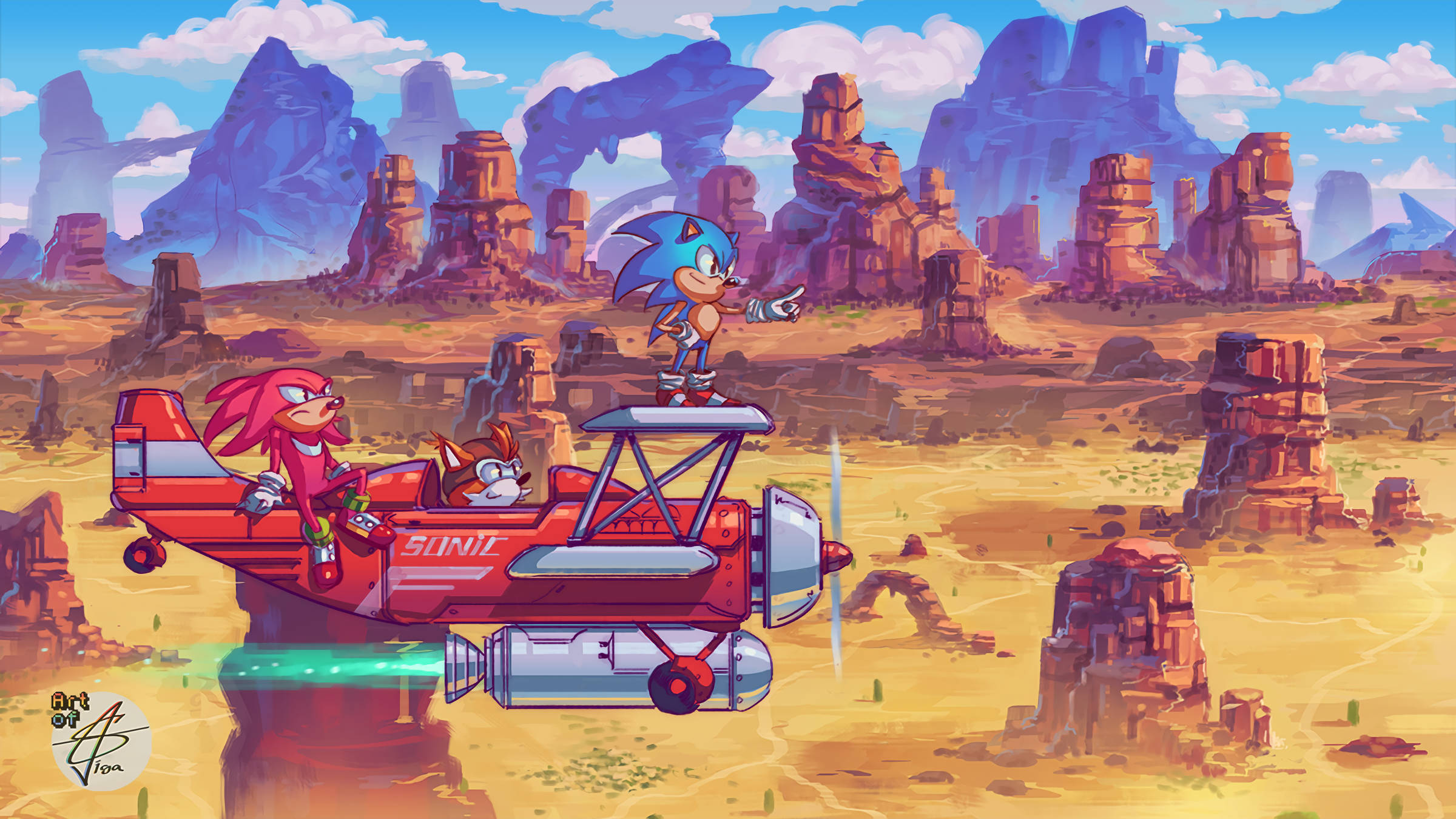 Knuckles 駕駛紅色直升機 壁紙 — 索尼克站在由納克魯斯和塔爾斯駕駛的紅色雙翼飛機上，在日落時分飛越沙漠峽谷。