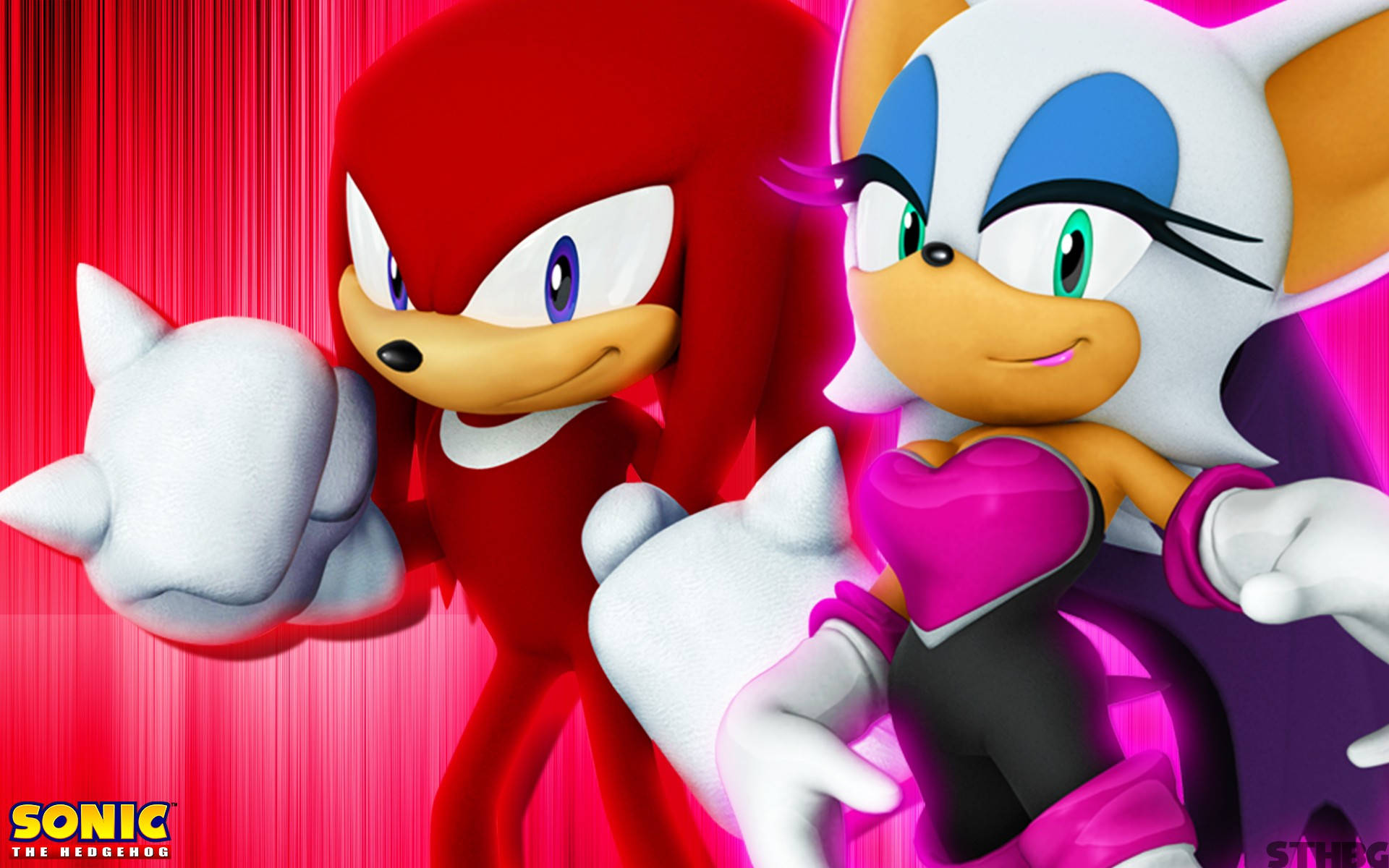 Knuckles the Echidna 與 Rouge 壁紙 — 紅色刺蝟Knuckles和白色刺蝟Rouge在充滿活力的粉紅色和紅色條紋背景前自信地擺姿勢。