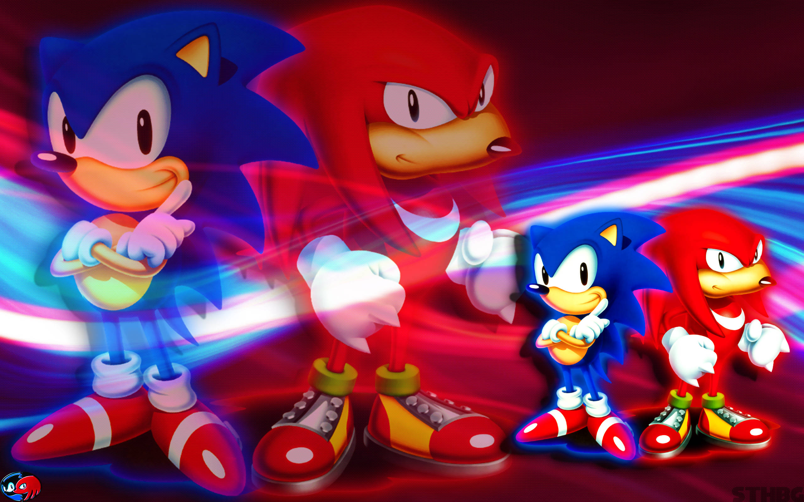 Knuckles the Echidna 色彩藝術 壁紙 — Sonic 與 Knuckles 在充滿活力的紅色和藍色動態模糊背景上，帶著發光的軌跡向前衝刺。