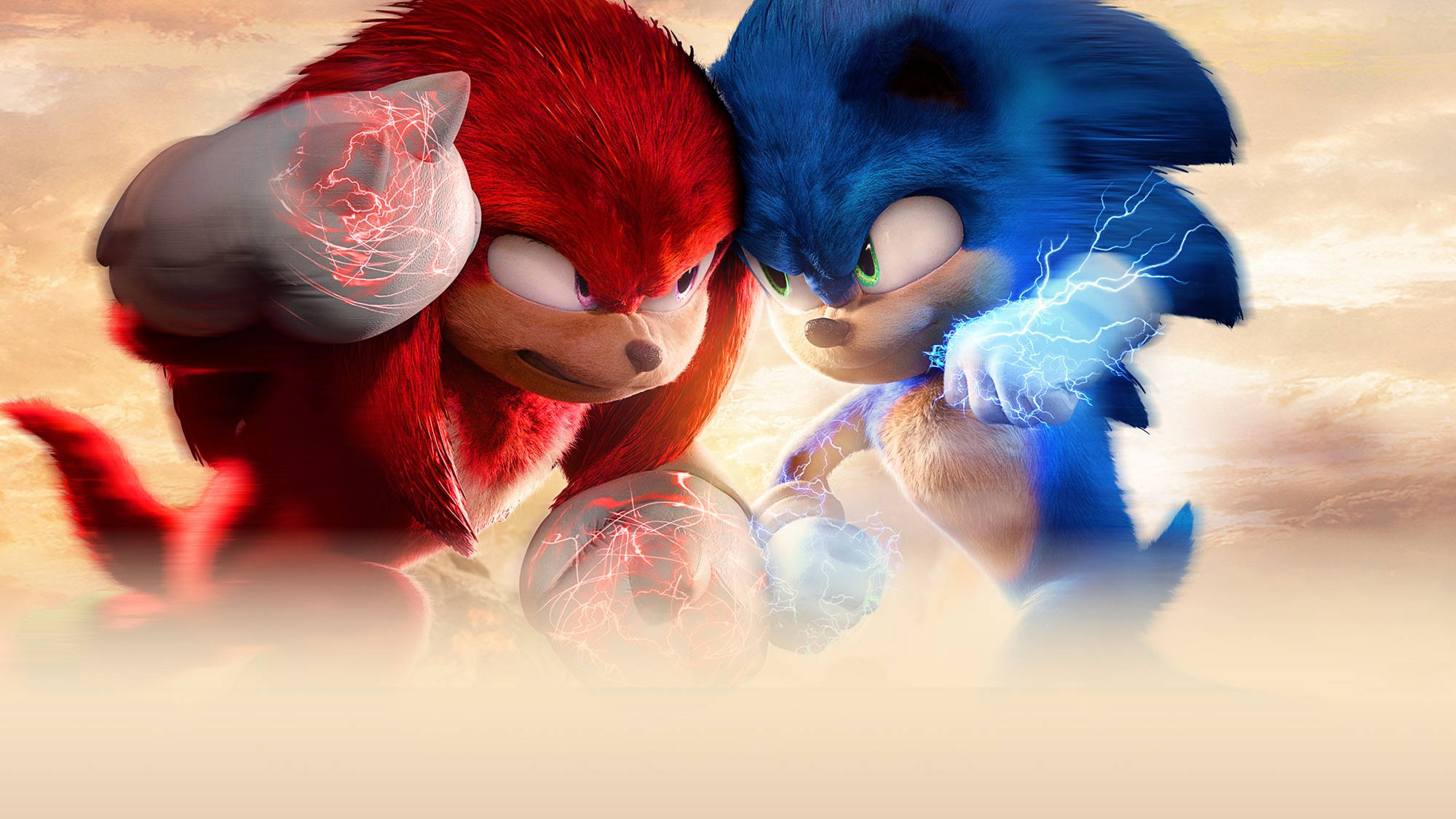 Knuckles the Echidna 與對手 Sonic 對戰 壁紙 — 紅色和藍色的刺蝟在朦朧的金色天空下，以噼啪作響的能量球進行激烈的戰鬥。