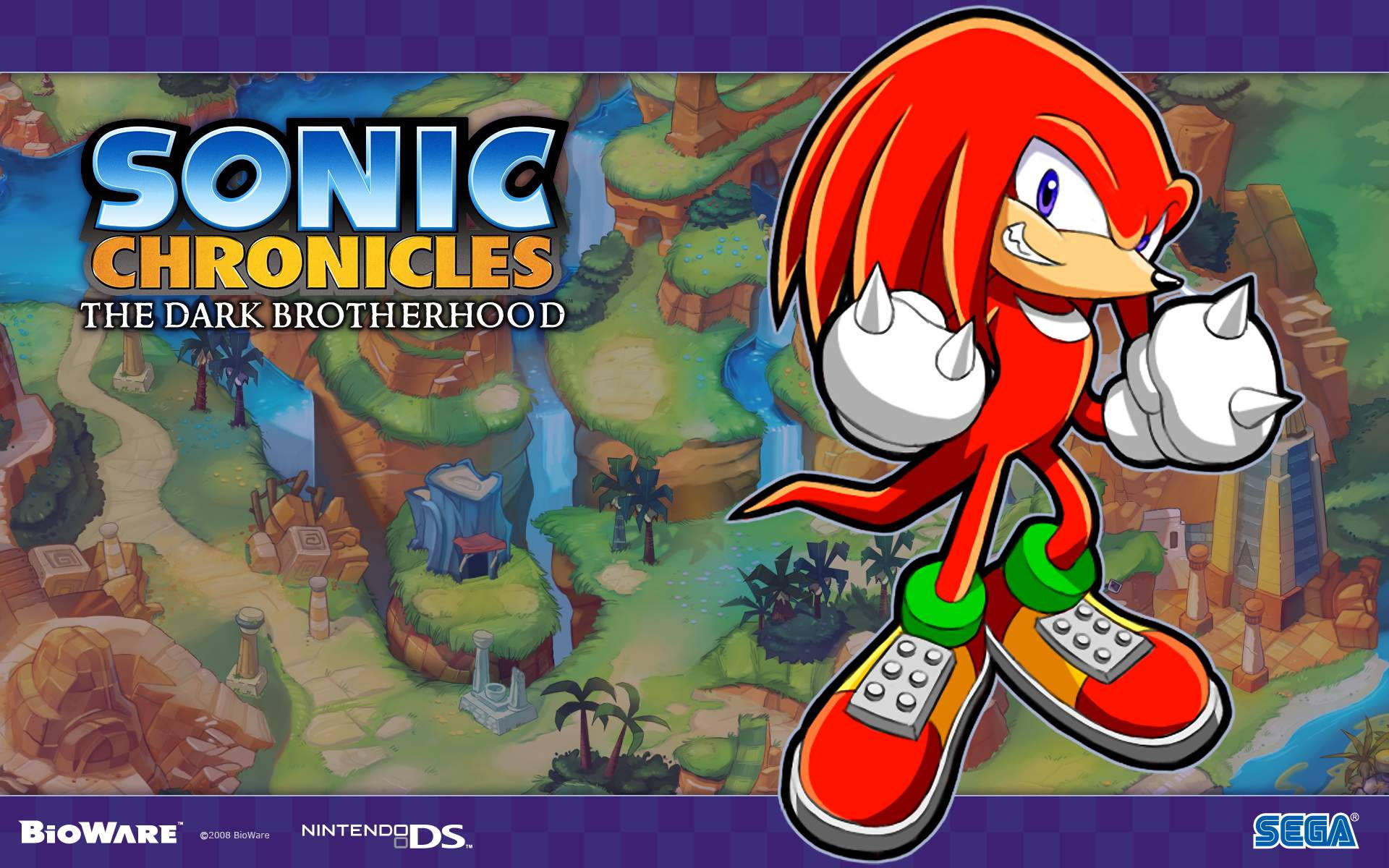Knuckles the Echidna 黑暗兄弟會 壁紙 — 納克魯斯在《Sonic Chronicles》的遊戲藝術中，充滿動感地站在充滿活力的叢林景觀中。