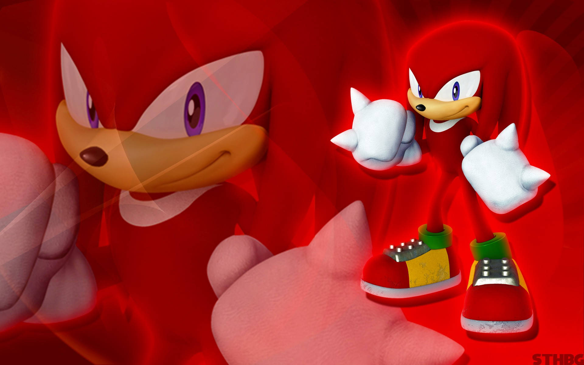 Knuckles the Echidna 紅焰特效 壁紙 — 一隻充滿活力的紅色刺蝟角色，戴著白色手套和鞋子，在鮮豔的紅色抽象背景前自信地擺姿勢。