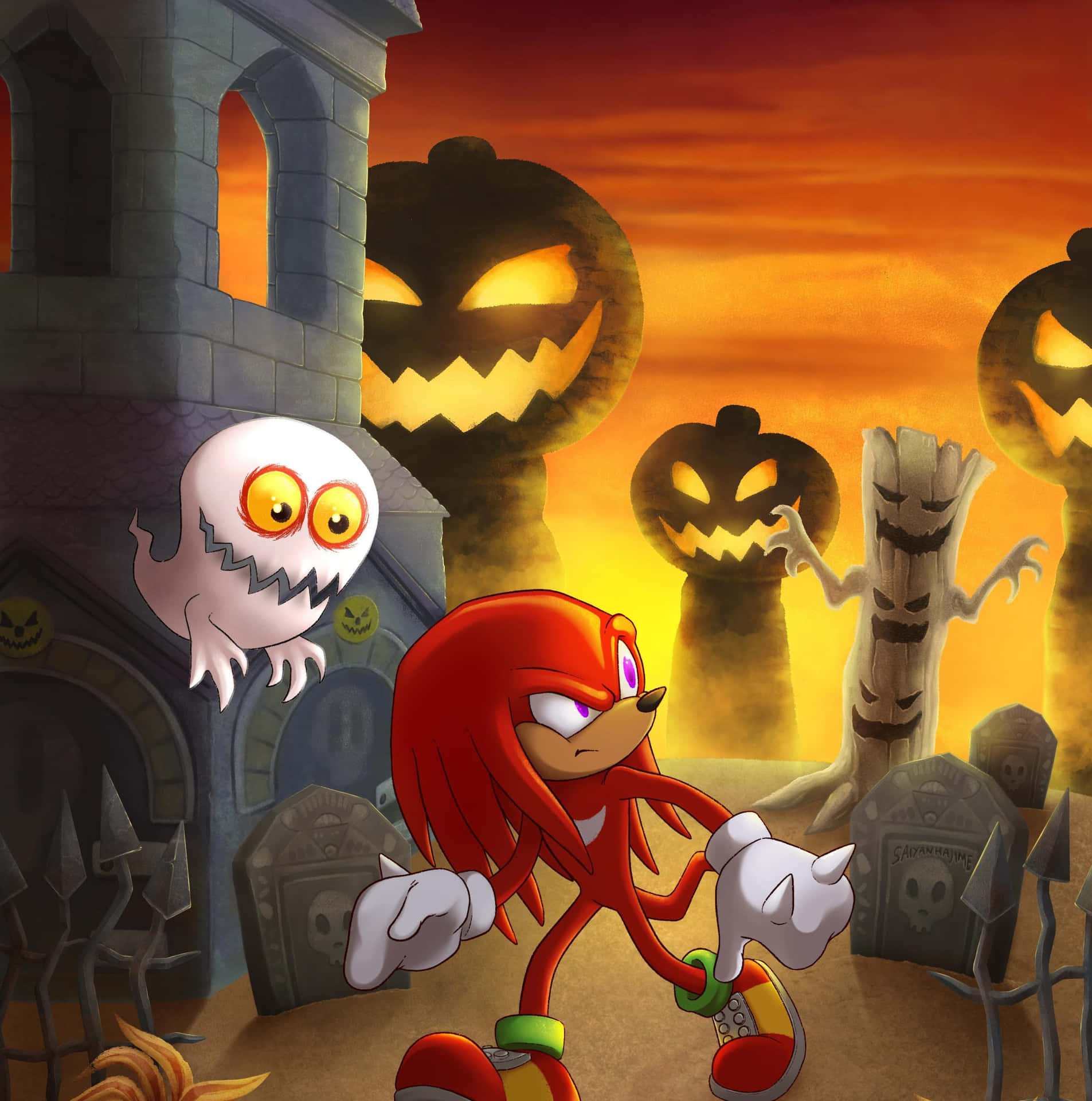  壁紙 — Knuckles the echidna 喺一個恐怖嘅萬聖節墓地奔跑，附近有發光嘅南瓜燈同一個鬼影。