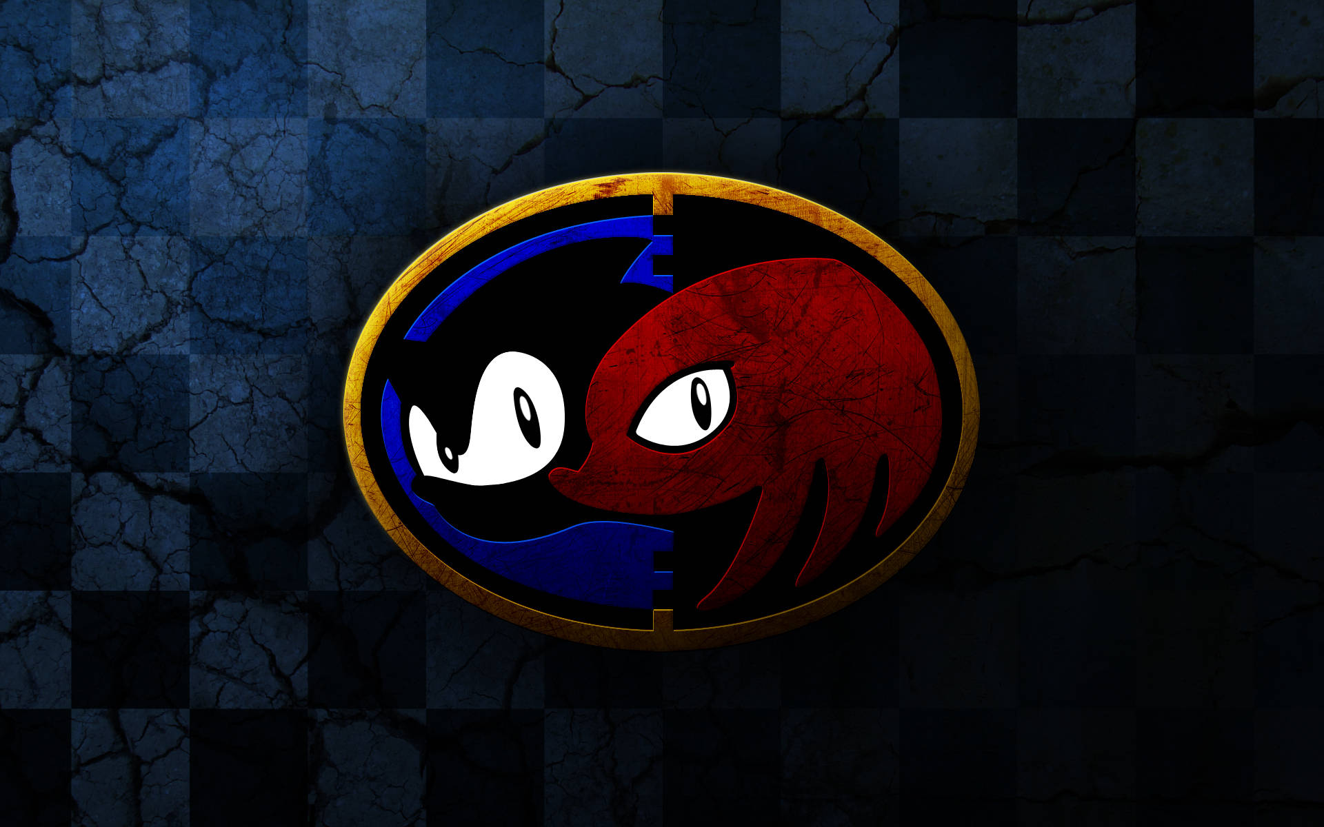 Knuckles 最簡約藝術風格 壁紙 — 一個分裂的橢圓形標誌顯示一個藍色和紅色的風格化面孔，帶有白色的眼睛，背景是破裂的格子藍色。