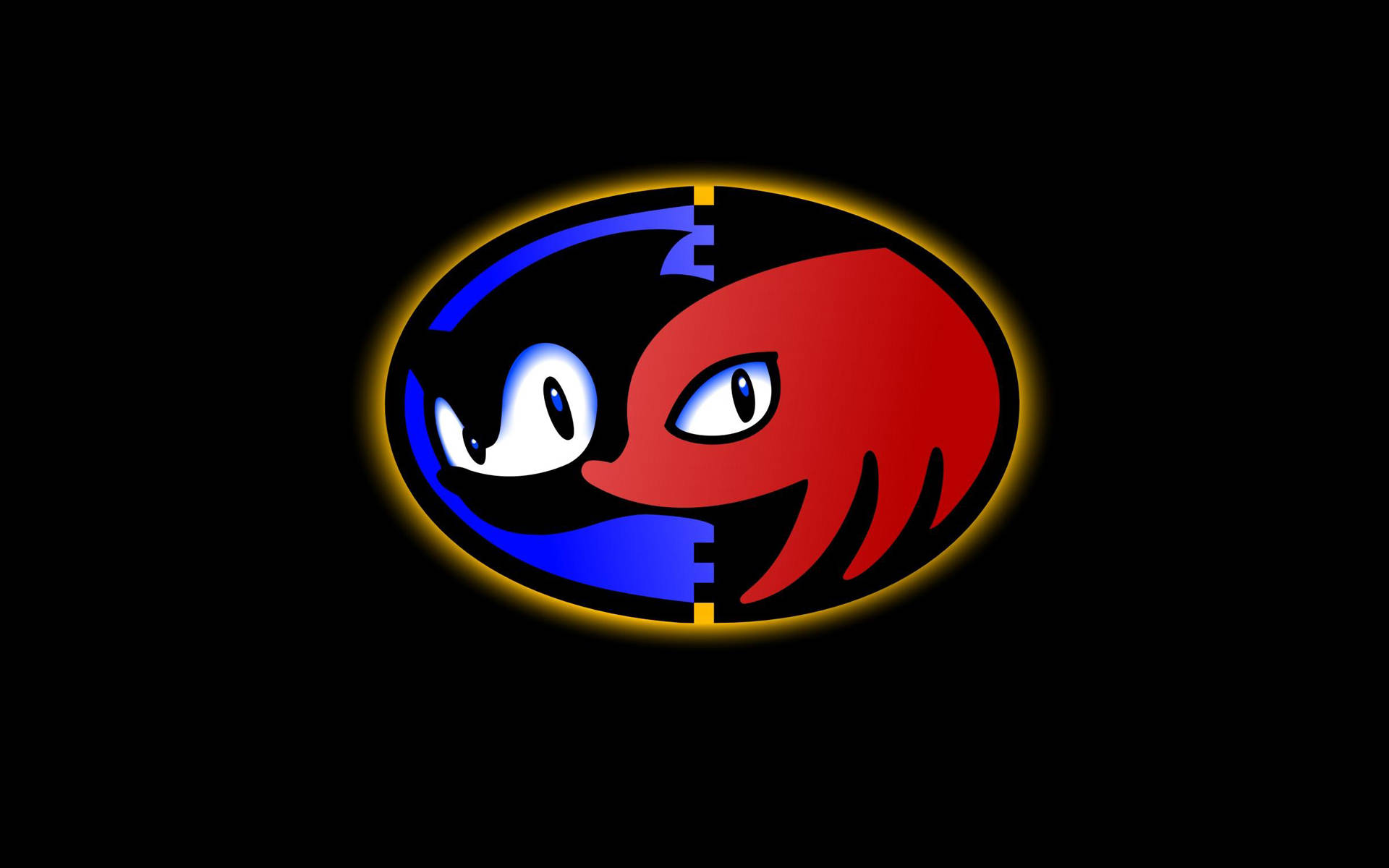 Knuckles 的強大瞬間 壁紙 — 一個發光的橢圓形標誌，分成藍色和紅色兩半，帶有風格化的卡通面孔在黑色背景上面對面。