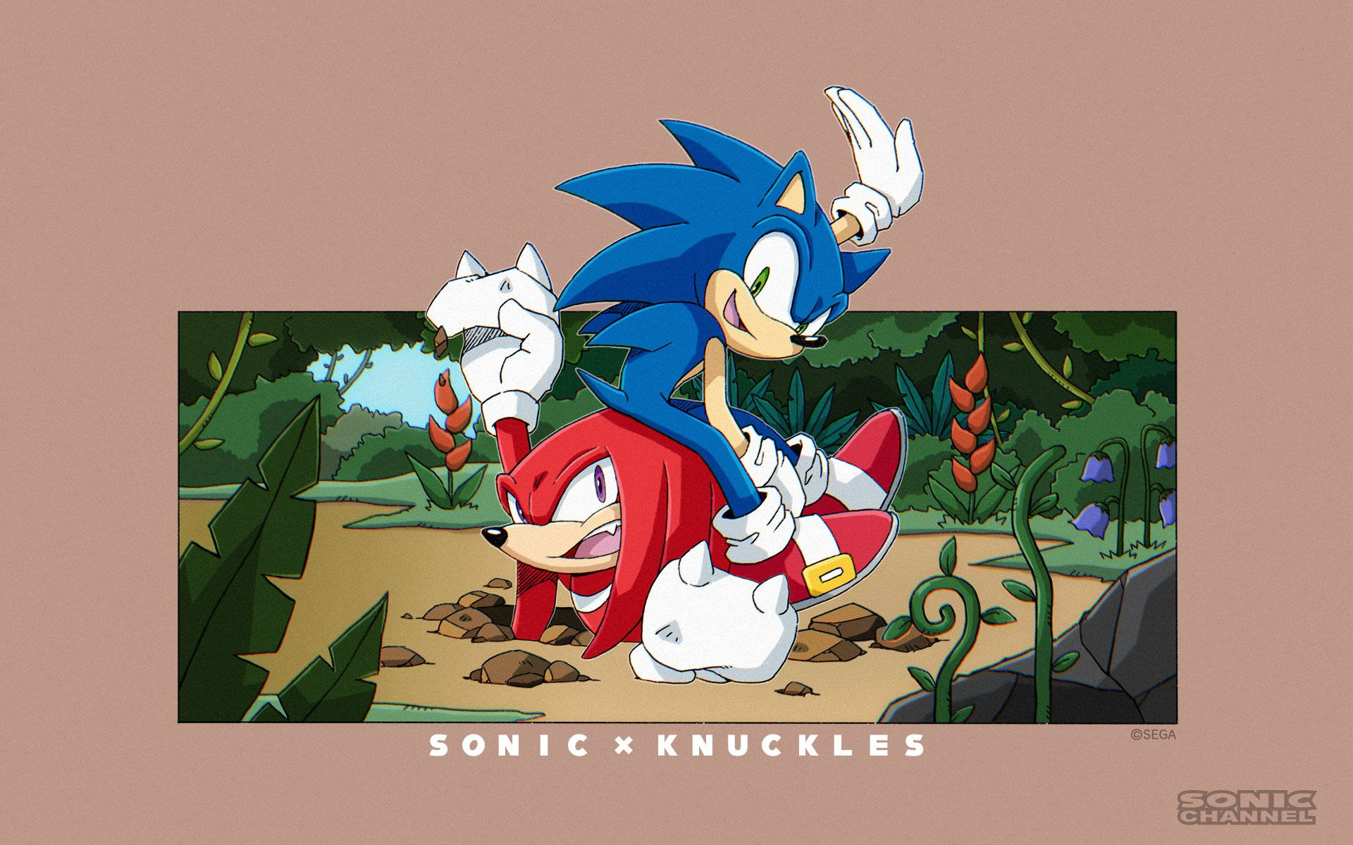 Knuckles 與 Sonic 森林中的最佳拍檔 壁紙 — Sonic the Hedgehog 騎著 Knuckles the Echidna 穿過一個充滿活力的叢林，有茂密的綠植和橙色花朵。