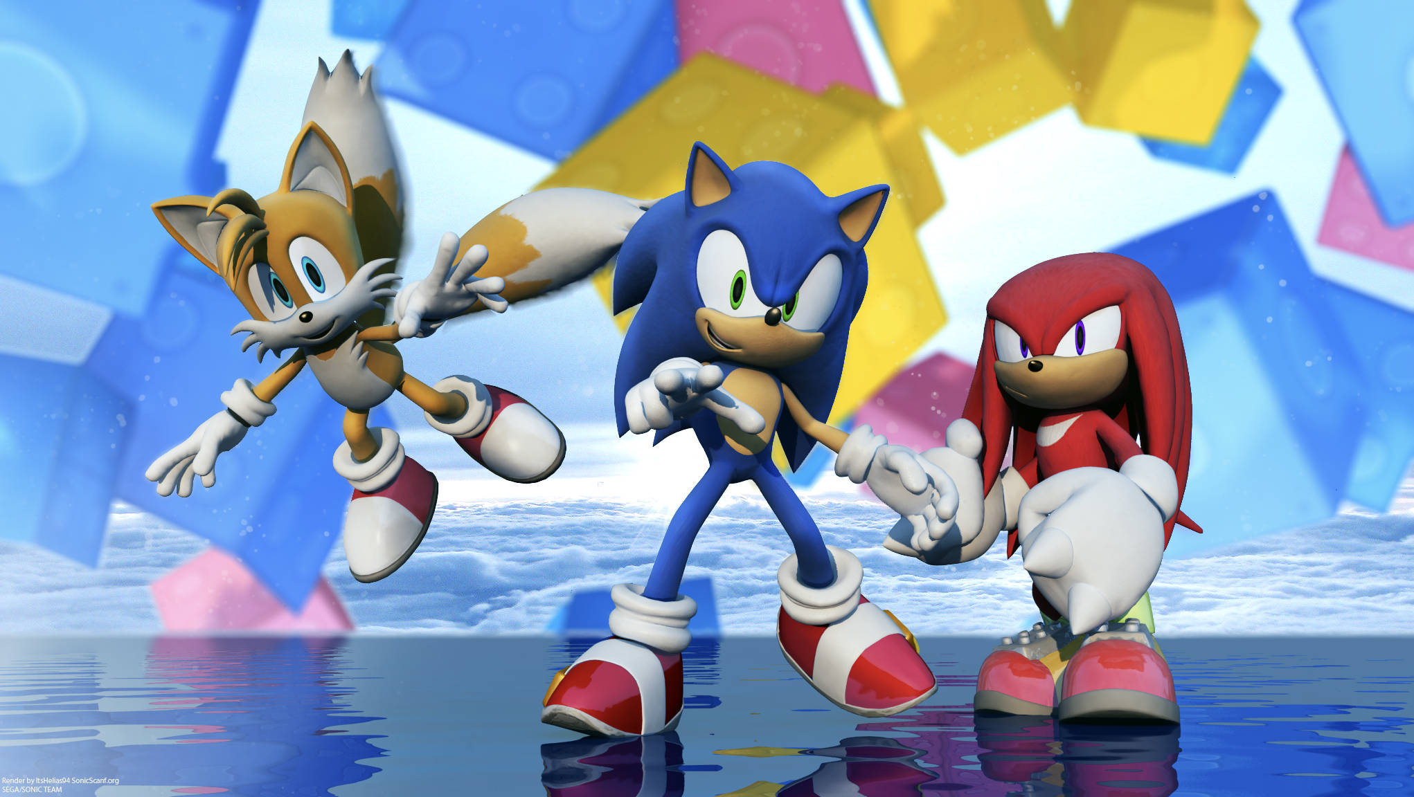 Knuckles、Sonic 與 Tails 三重奏 壁紙 — Sonic Tails 和 Knuckles 英雄般地站在反光表面上，背景是充滿活力的幾何圖案。