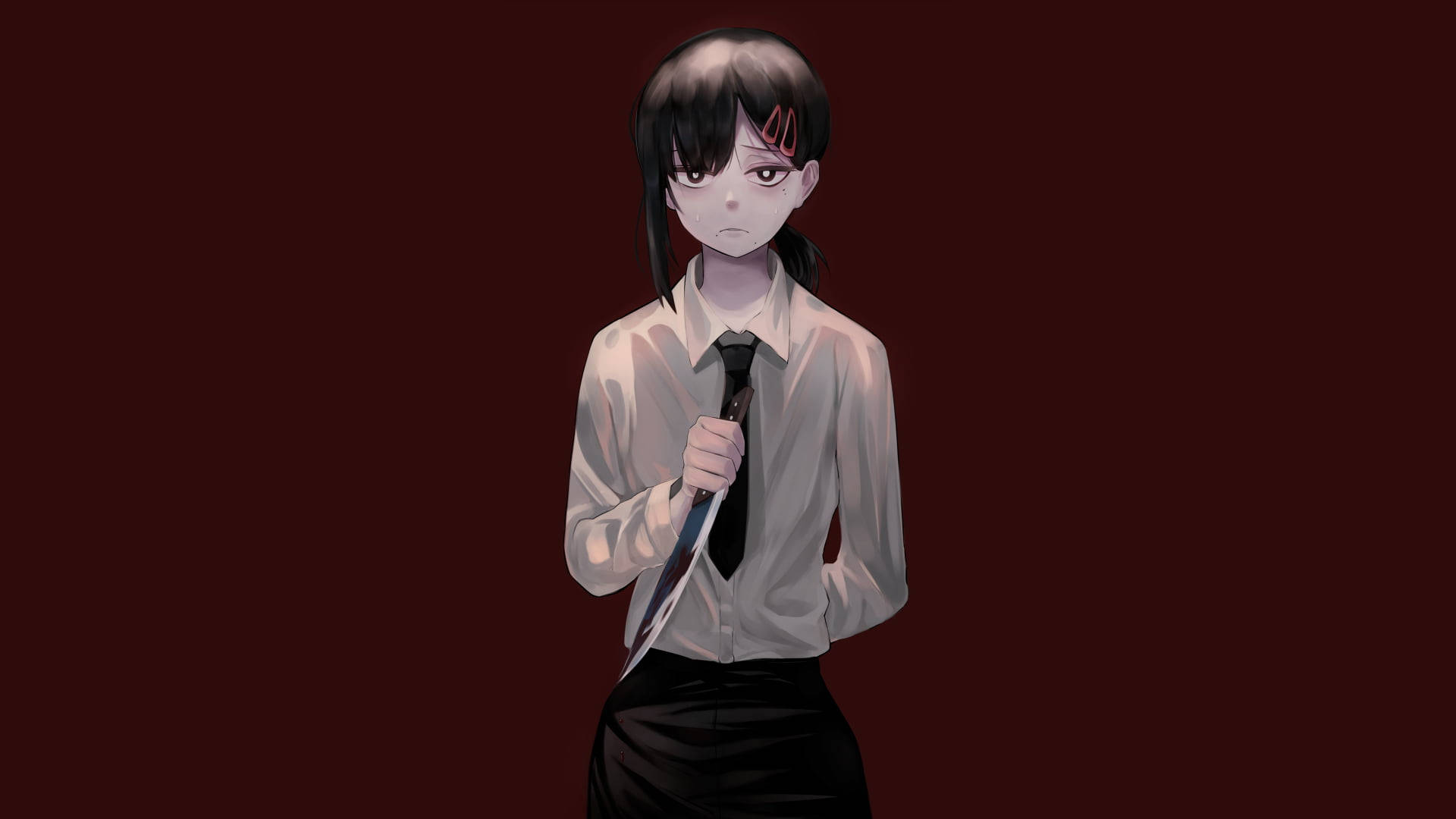 動漫女孩穿著校服，臉上帶有紅色標記，手持刀。
