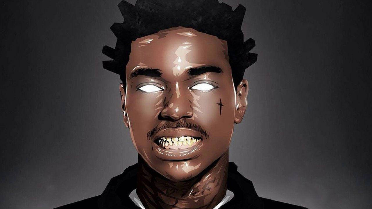 Kodak Black 白眼藝術畫 壁紙 — 一個風格化的數碼肖像，一個男人在深灰色背景上，有著發光的白色眼睛和紋身頸部。