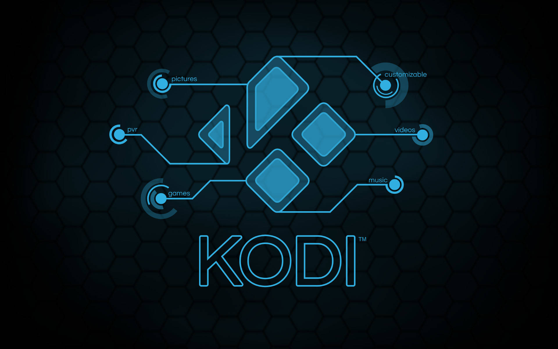 藍色高科技術 Kodi 標誌 壁紙 — 在深色六邊形網格背景上，帶有連接媒體類別的發光藍色Kodi標誌。