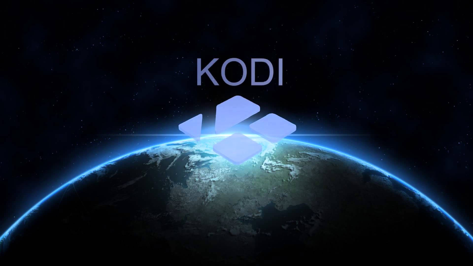 Kodi 標誌在太空中漂浮在地球上方，帶有發光的藍色大氣層。