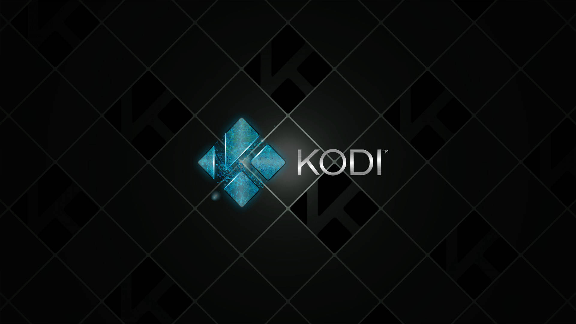 Kodi媒體播放器標誌在深色網格背景上發出藍光。