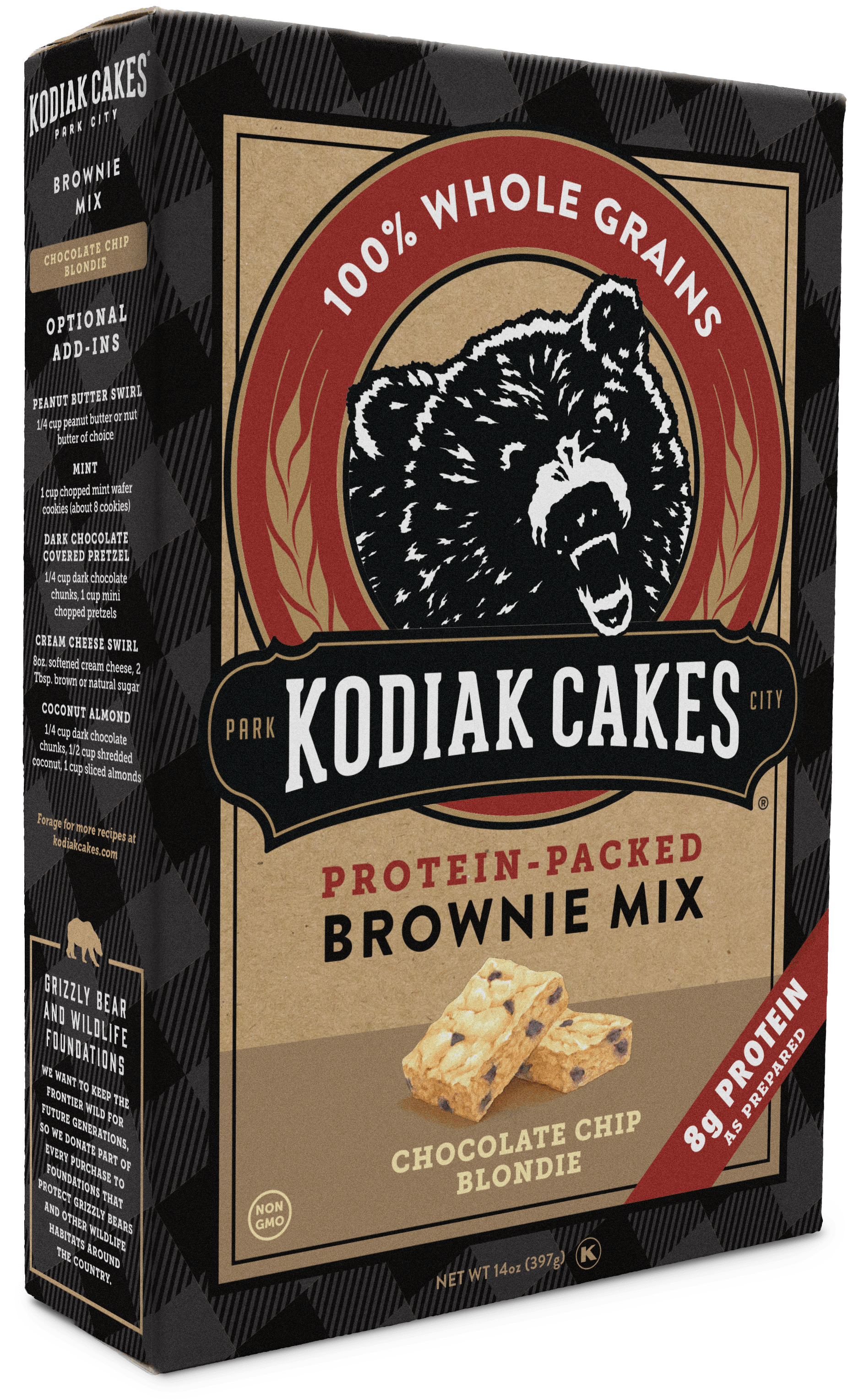 Kodiak Cakes蛋白質布朗尼混合包裝 壁紙 — 一盒Kodiak Cakes富含蛋白質的布朗尼混合粉，帶有咆哮的熊標誌和朱古力脆片金髮女郎樣本。