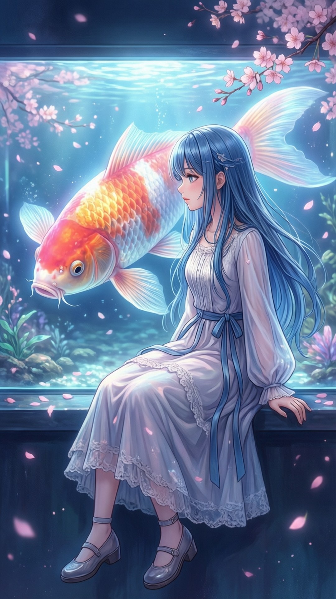 一個藍髮女孩穿著白色連衣裙坐在水族箱旁，裡面有錦鯉和櫻花。