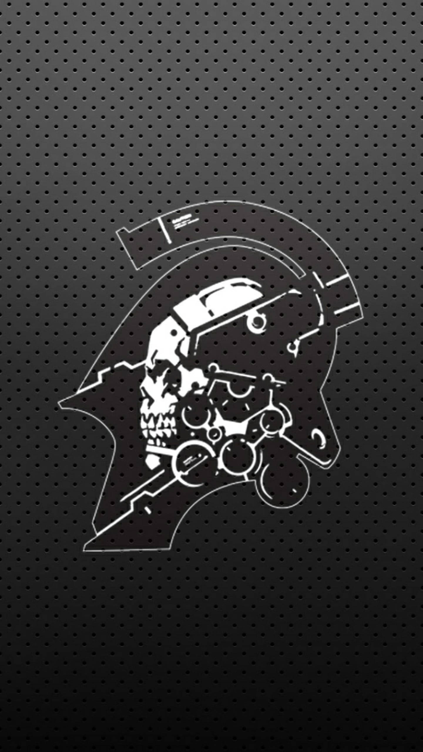 死亡連線 Kojima 製作 iPhone 壁紙 — 一個鮮明的白色線條藝術骷髏頭，帶有機械齒輪和未來主義頭盔，背景為深色穿孔金屬。