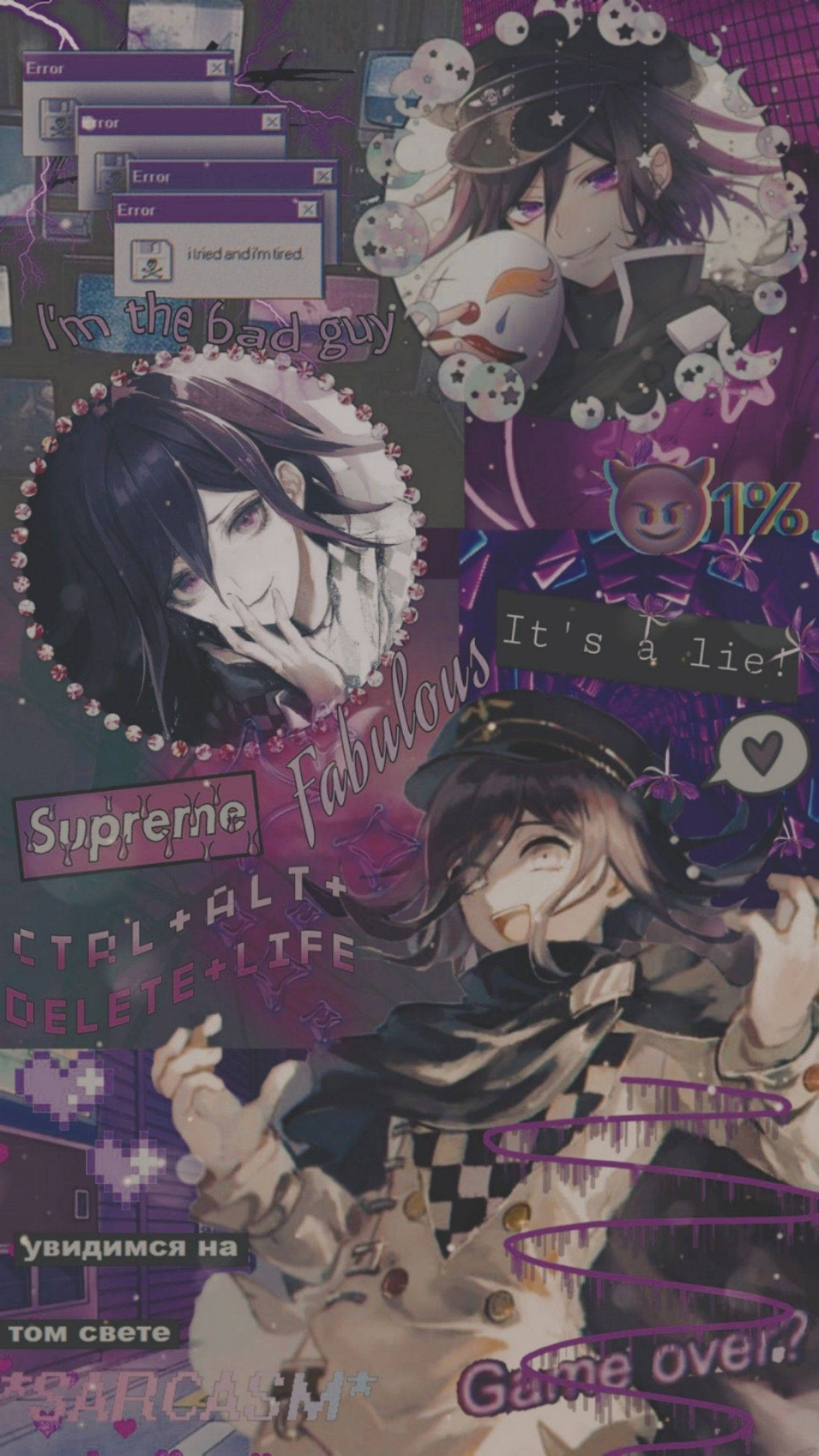 Kokichi Oma 紫色另類美學 壁紙 — 一個混亂的動漫拼貼畫，帶有故障文字和紫色調的角色，包含 'Game over' 和 'I'm the bad guy' 疊加層。