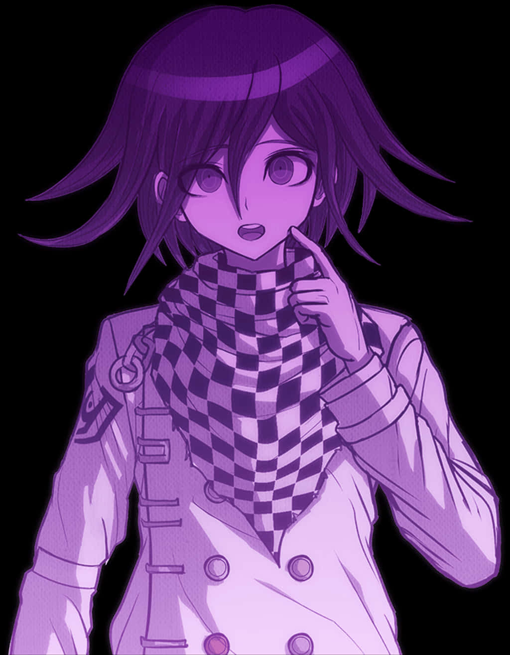 紫色 Kokichi Ouma 白底插畫 壁紙 — 一位紫髮動漫女孩，戴著格仔圍巾和穿著外套，在黑色背景下沉思地擺姿勢。