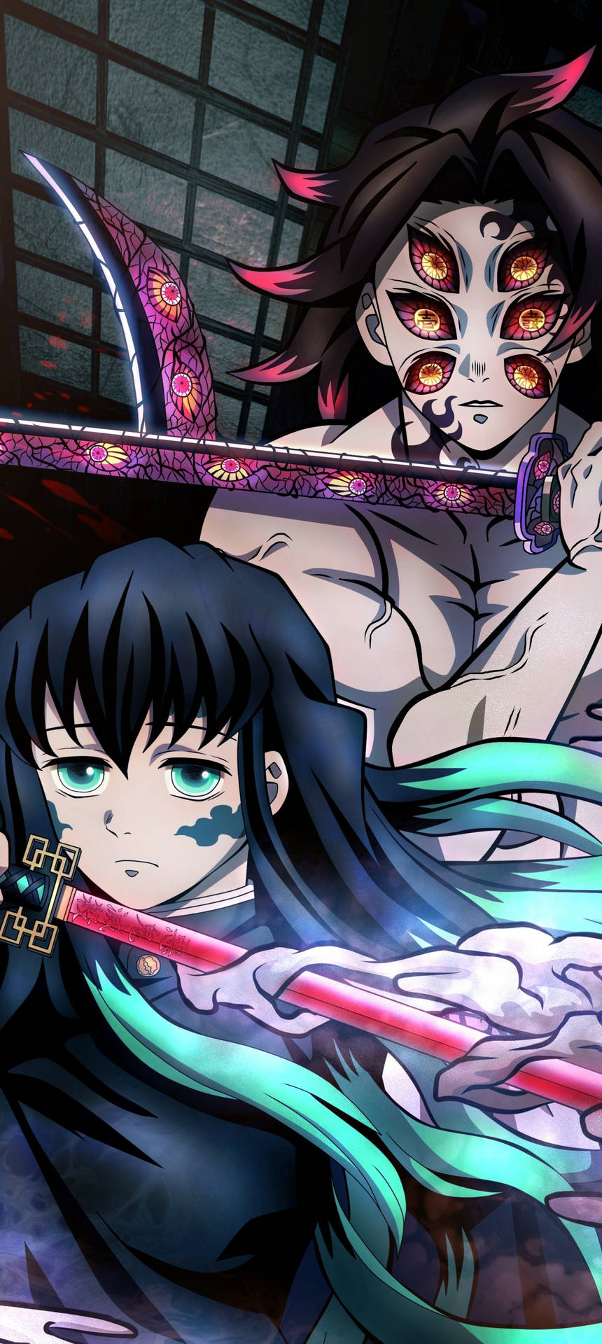青綠色頭髮的動漫女孩與粉紅色頭髮的多眼惡魔戰鬥。