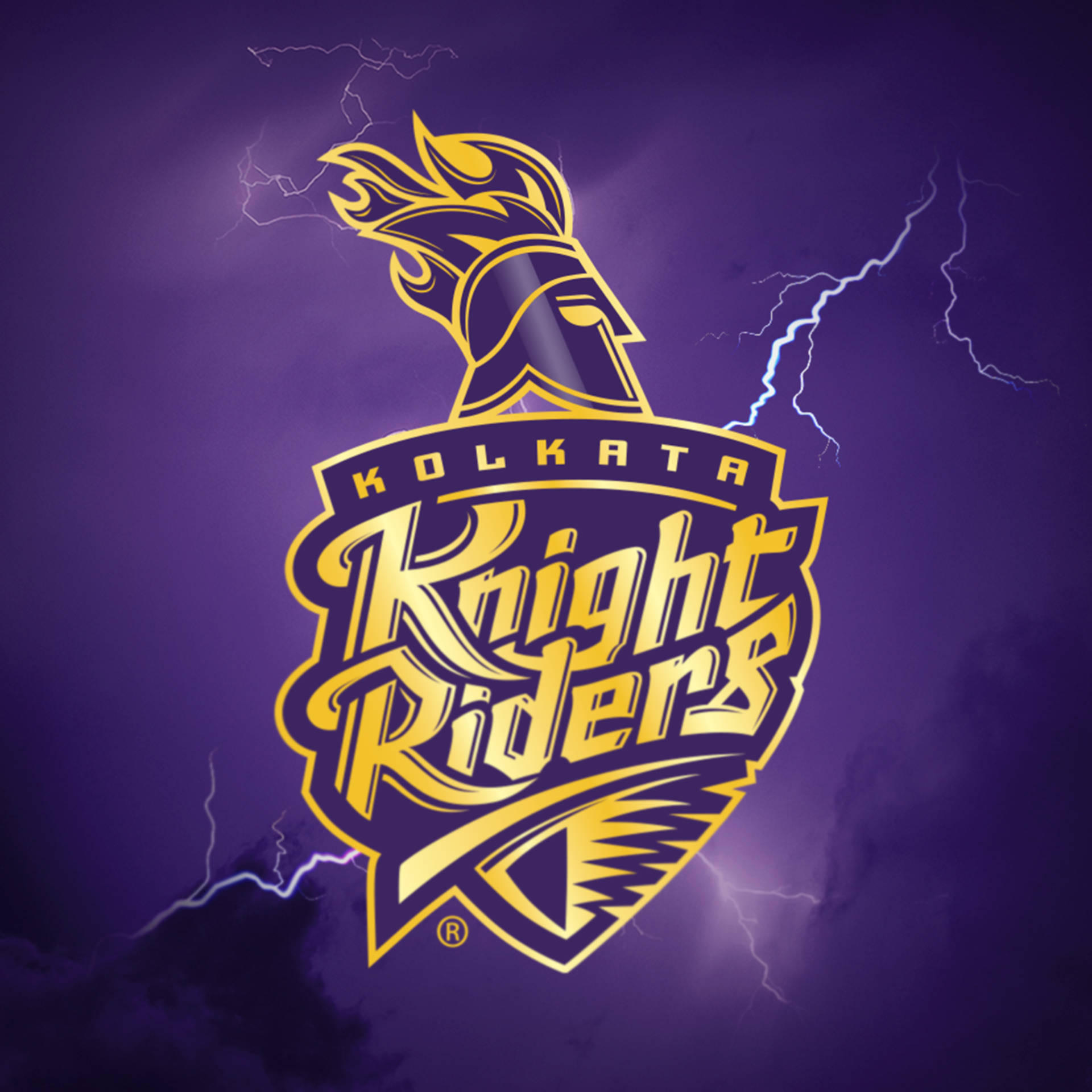 Kolkata Knight Riders板球隊標誌，帶有閃電，紫色背景。