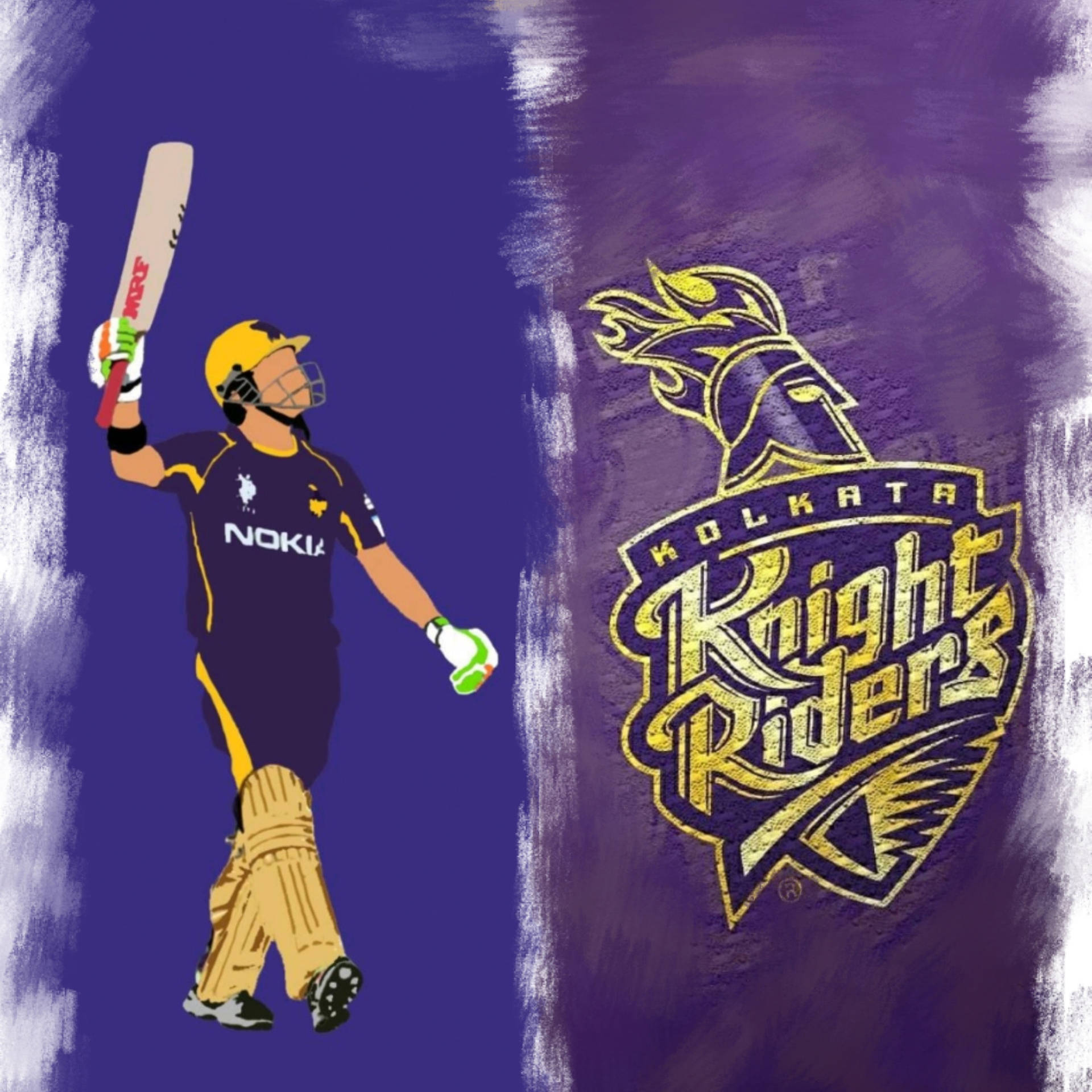 板球運動員在Kolkata Knight Riders標誌旁用球棒慶祝。