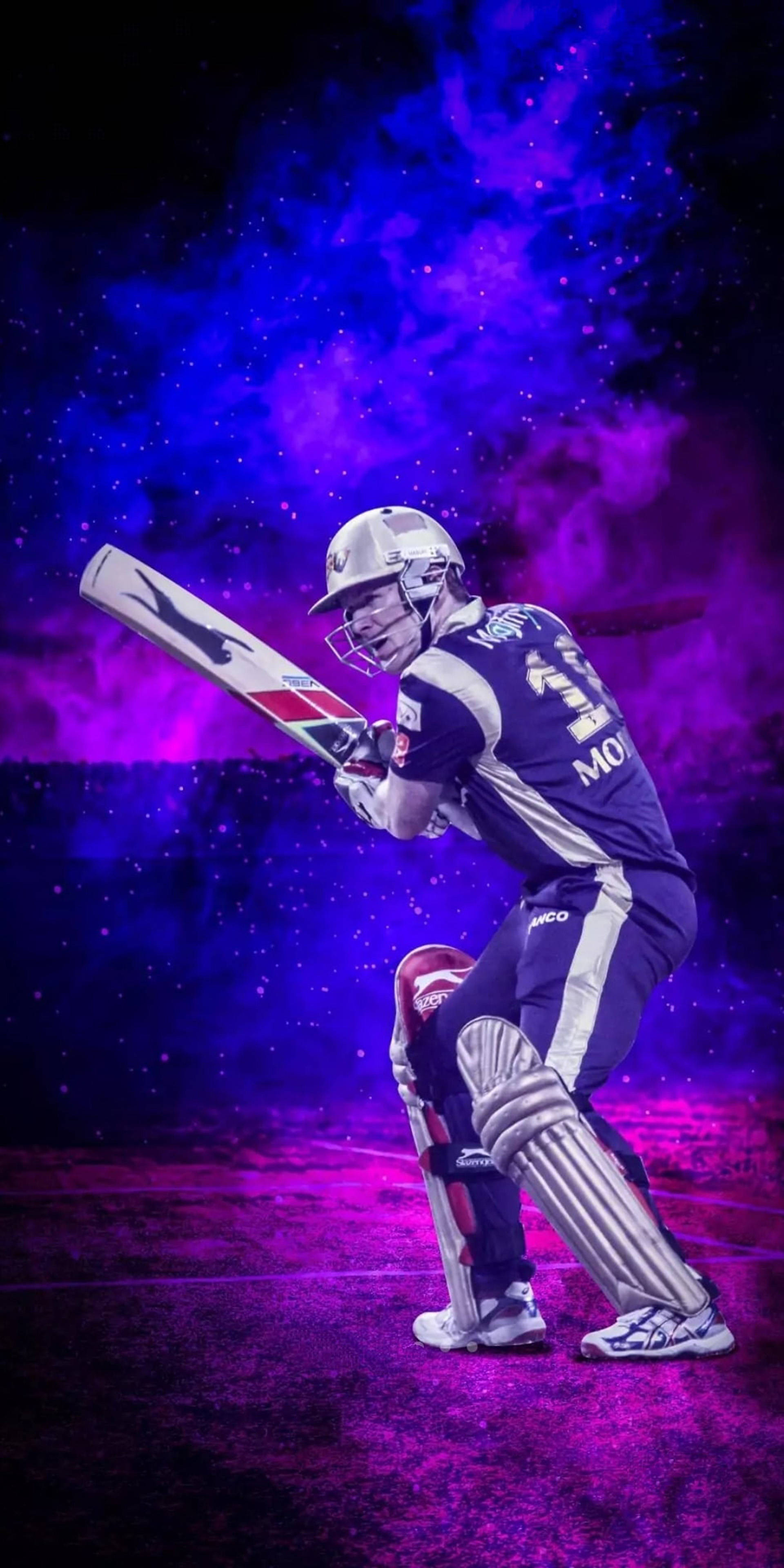 Kolkata Knight Riders 埃歐恩·摩根 壁紙 — 一名全副裝備的板球擊球手在充滿發光粒子的鮮豔紫色宇宙背景下揮動球棒。