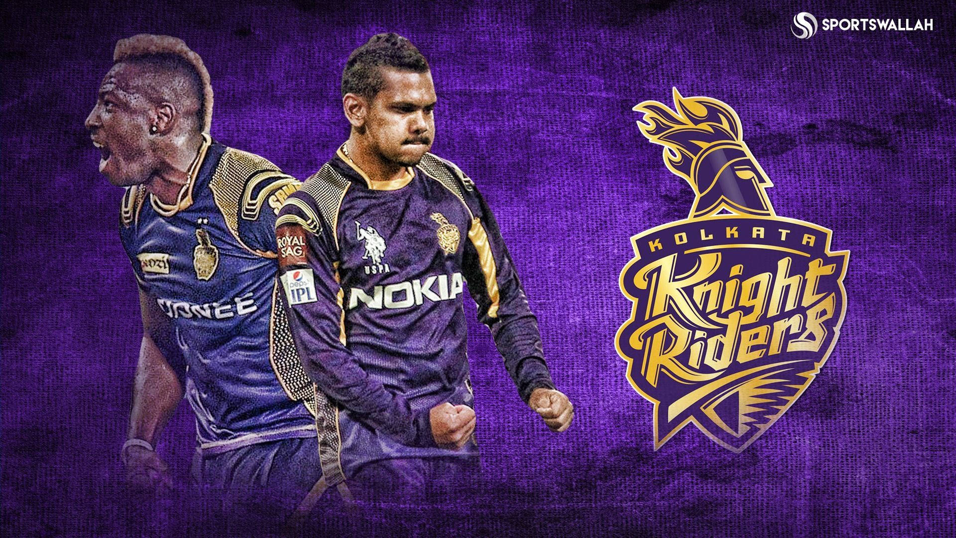 Kolkata 騎士隊球員 壁紙 — 兩名穿著紫色和金色Kolkata Knight Riders球衣的板球運動員在帶有球隊標誌的紋理紫色背景前動態擺姿勢。