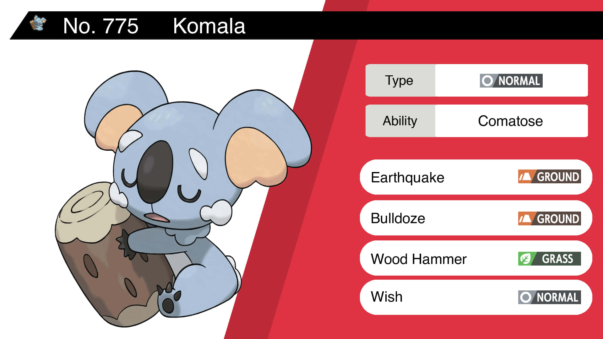 Komala 的寶可夢圖鑑數據 壁紙 — 一隻昏昏欲睡的藍色樹熊寶可夢緊抓著樹樁，背景為紅白色，並顯示其能力數值。