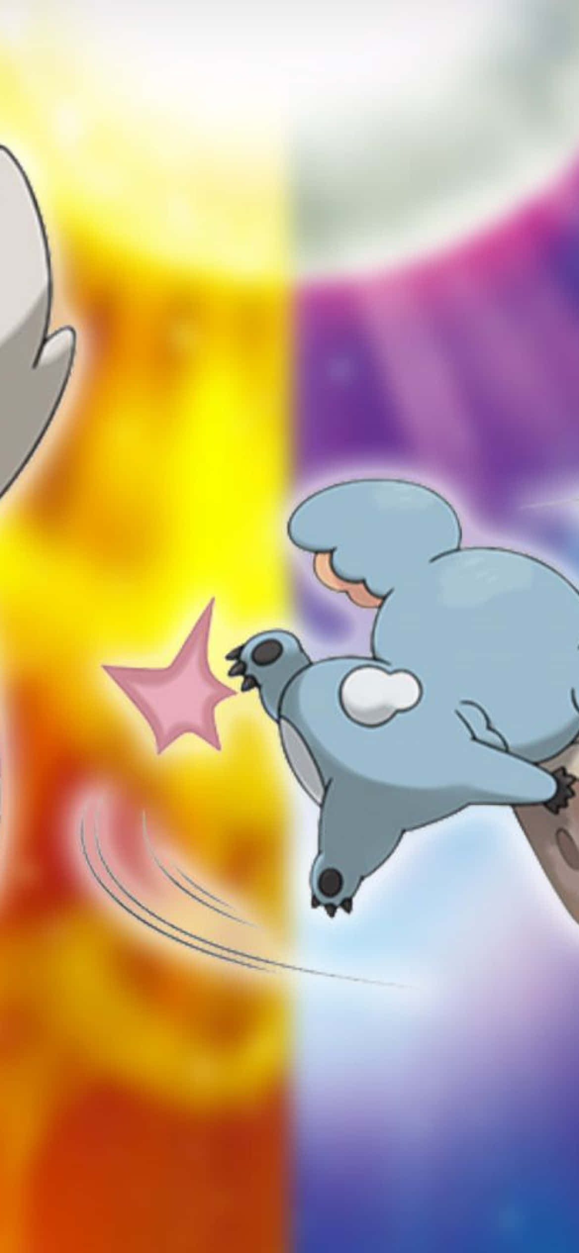 Komala 的背面 壁紙 — 一隻藍色卡通樹熊向前跳躍，在充滿活力的黃色和紫色宇宙背景上發射一顆粉紅色星星。